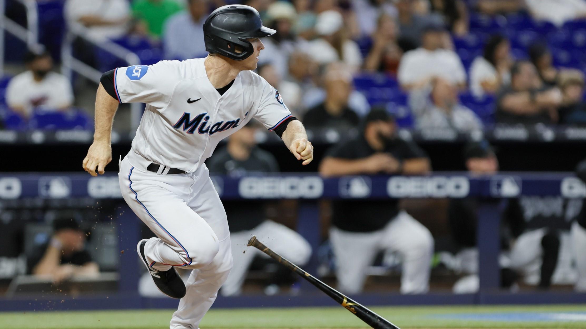 Jun 21, 2023; Miami, Florida, USA; Miami Marlins shortstop Joey Wendle (18) hits a single against the Toronto Blue Jays during the second inning at loanDepot Park / Sam Navarro-USA TODAY Sports
