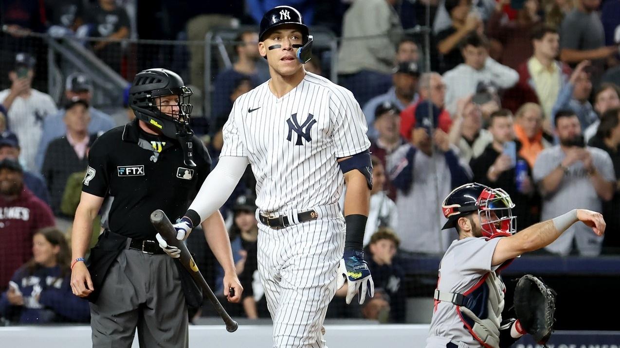 Sep 22, 2022; Bronx, New York, USA; New York Yankees right fielder Aaron Judge (99) reacts after striking out during the fifth inning against the Boston Red Sox at Yankee Stadium. / Brad Penner-USA TODAY Sports