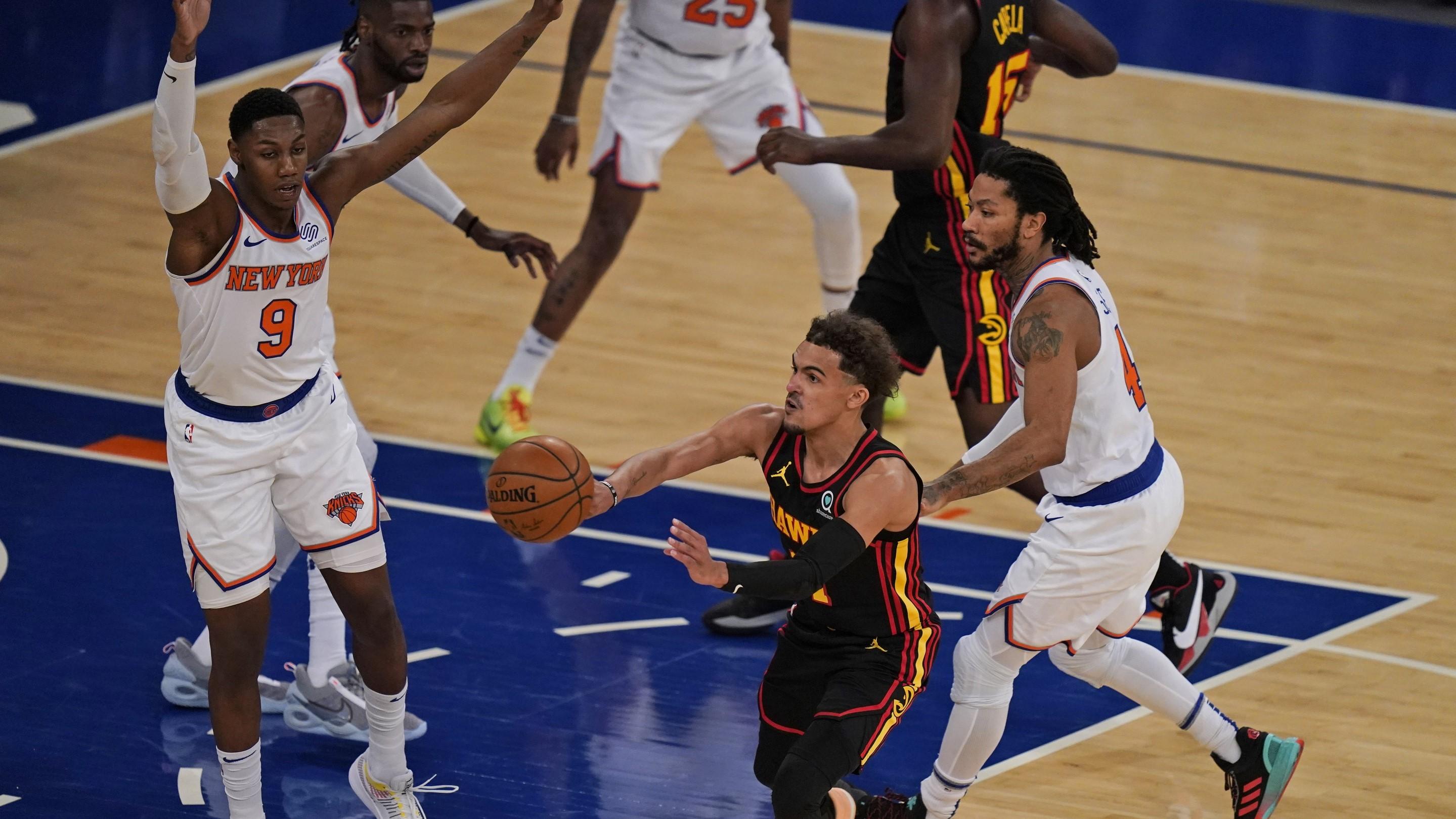 May 23, 2021; New York, New York, USA; Atlanta Hawks guard Trae Young (11) passes during the first half in game one in the first round of the 2021 NBA Playoffs at Madison Square Garden. / Seth Wenig/Pool Photo-USA TODAY Sports