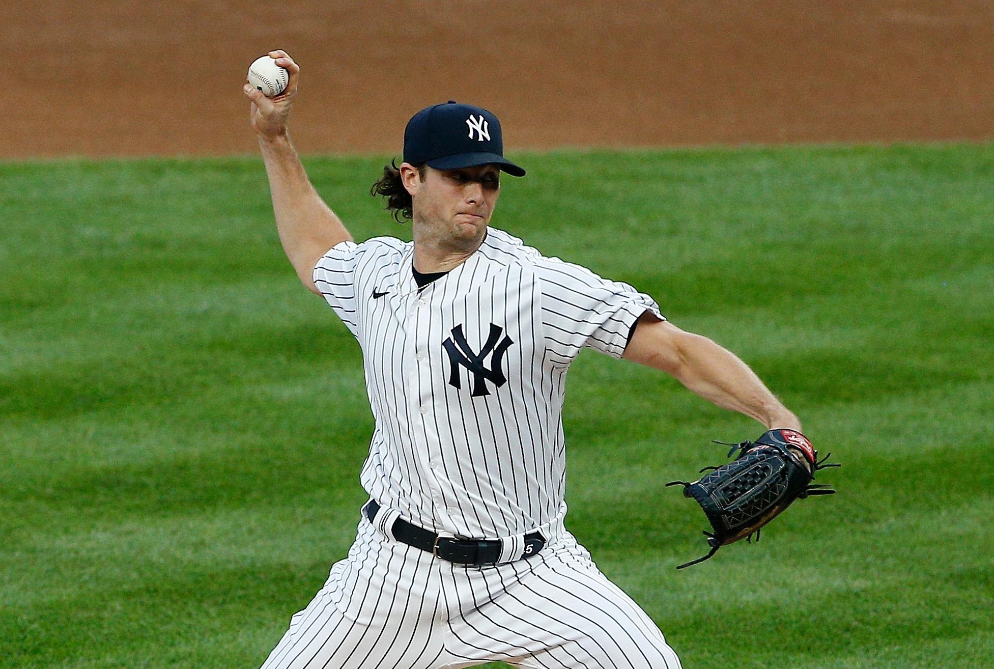 New York Yankees starting pitcher Gerrit Cole (45) pitches against the Boston Red Sox during the second inning at Yankee Stadium. / Andy Marlin - USA TODAY Sports
