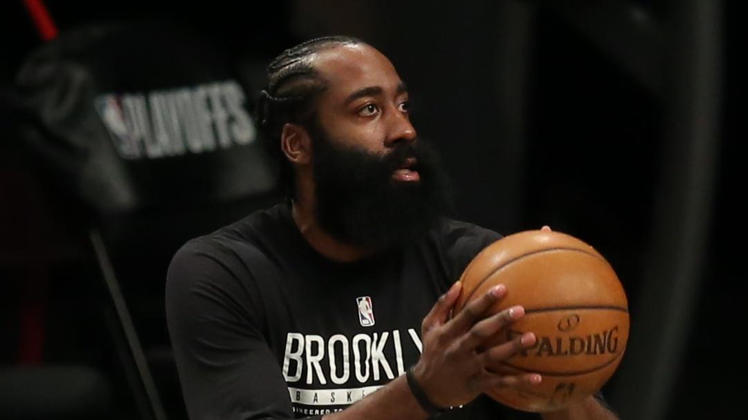 Jun 5, 2021; Brooklyn, New York, USA; Brooklyn Nets shooting guard James Harden (13) warms up before game one of the Eastern Conference semifinal series of the 2021 NBA Playoffs against the Milwaukee Bucks at Barclays Center. Mandatory Credit: Brad Penner-USA TODAY Sports / © Brad Penner-USA TODAY Sports