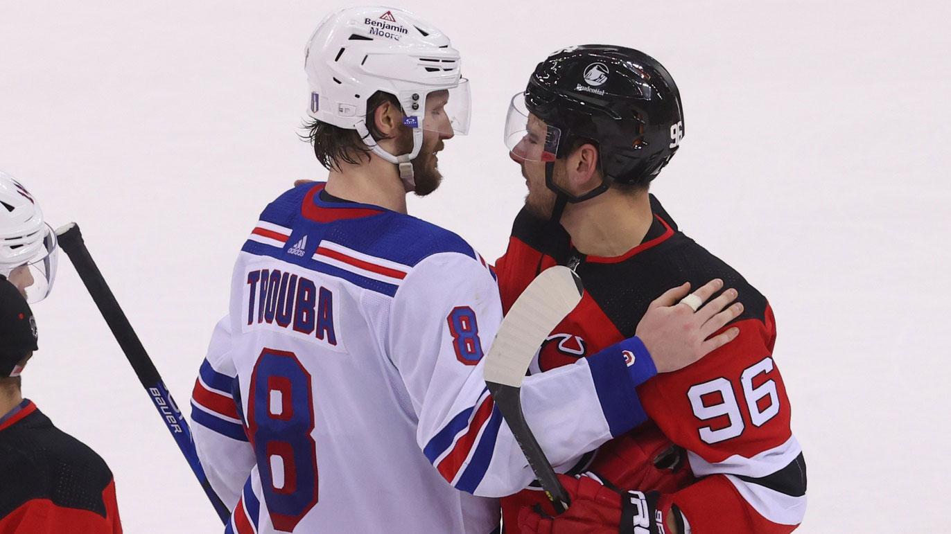 May 1, 2023; Newark, New Jersey, USA; New York Rangers defenseman Jacob Trouba (8) and New Jersey Devils right wing Timo Meier (96) speak in the handshake line after game seven of the first round of the 2023 Stanley Cup Playoffs at Prudential Center. / Ed Mulholland-USA TODAY Sports