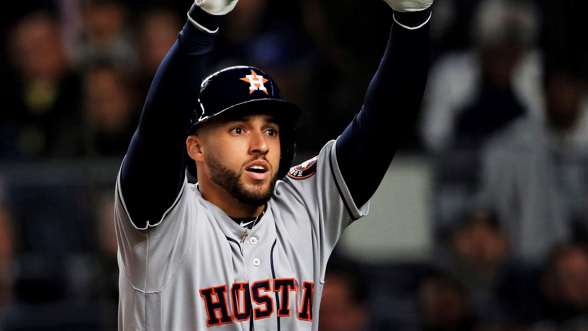 Oct 17, 2019; Bronx, NY, USA; Houston Astros center fielder George Springer (4) reacts after hitting a three run home run against the New York Yankees during the third inning of game four of the 2019 ALCS playoff baseball series at Yankee Stadium. Mandatory Credit: Noah K. Murray-USA TODAY Sports / © Noah K. Murray-USA TODAY Sports
