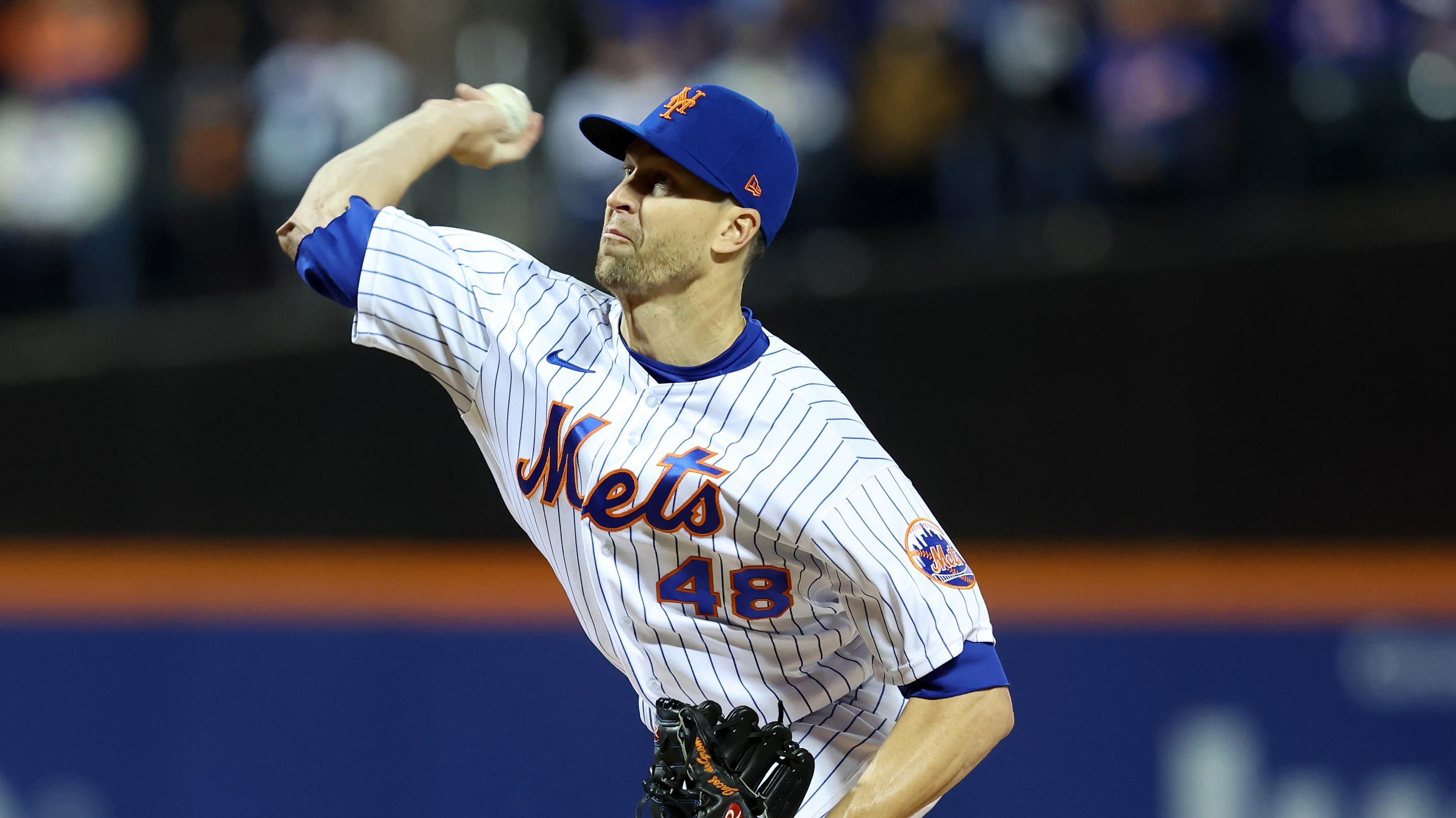 Oct 8, 2022; New York City, New York, USA; New York Mets starting pitcher Jacob deGrom (48) throws a pitch in the first inning during game two of the Wild Card series against the San Diego Padres for the 2022 MLB Playoffs at Citi Field. Mandatory Credit: Mike Dinovo-USA TODAY Sports / © Mike Dinovo-USA TODAY Sports