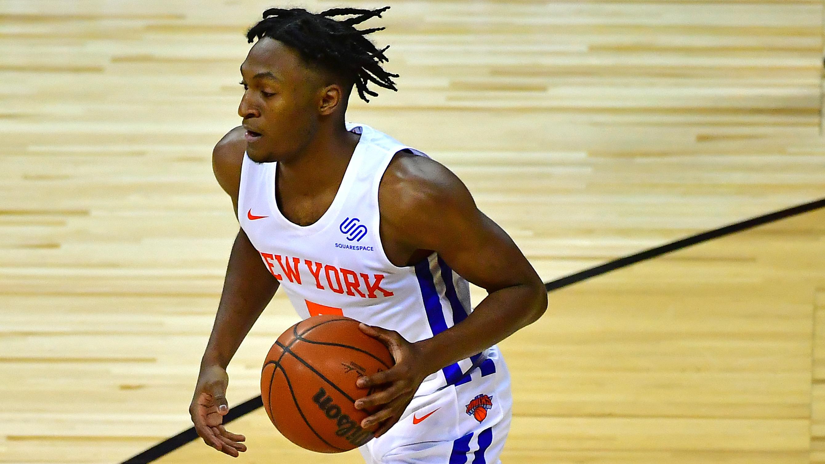 New York Knicks guard Immanuel Quickley (5) dribbles during an NBA Summer League game against the Toronto Raptors at Thomas & Mack Center. / Stephen R. Sylvanie-USA TODAY Sports