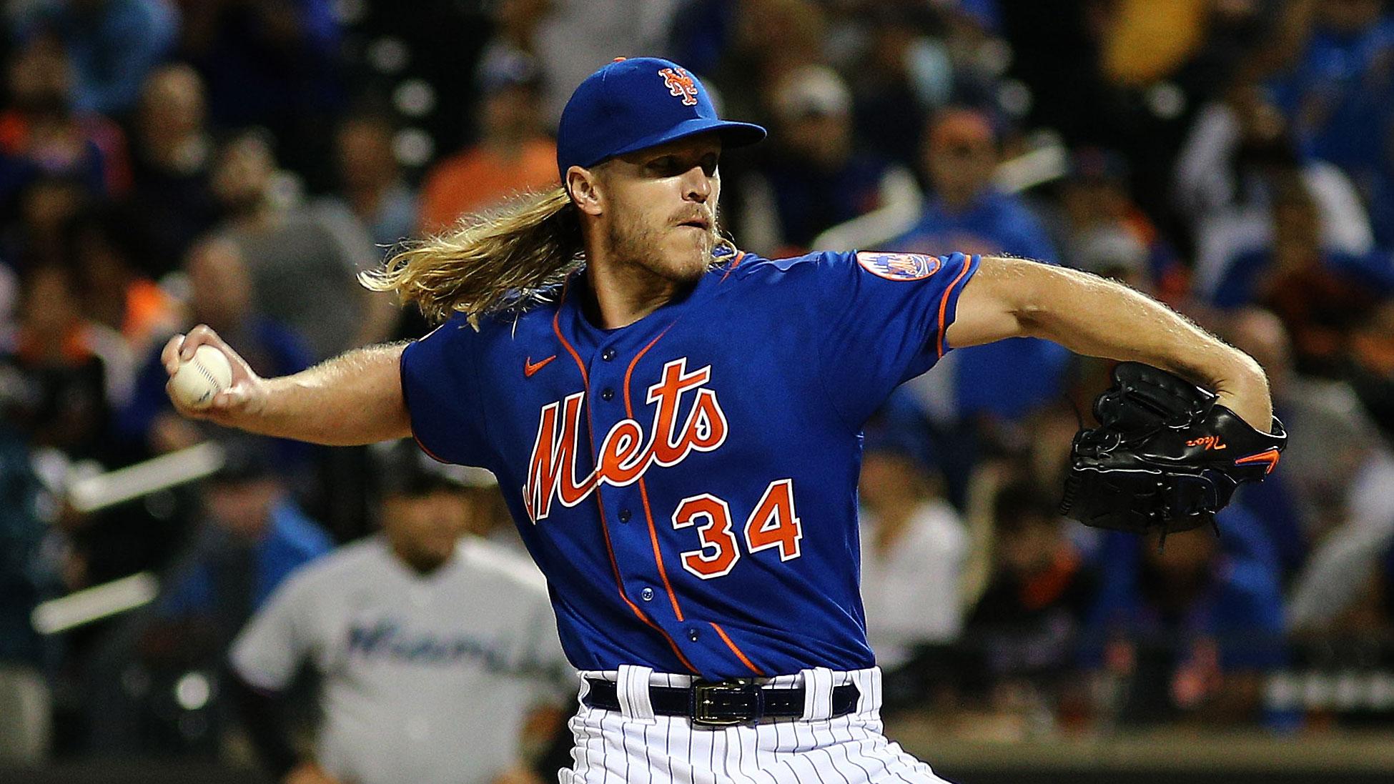 Sep 28, 2021; New York City, New York, USA; New York Mets starting pitcher Noah Syndergaard (34) delivers against the Miami Marlins during the first inning of game two of a doubleheader at Citi Field. / Andy Marlin-USA TODAY Sports