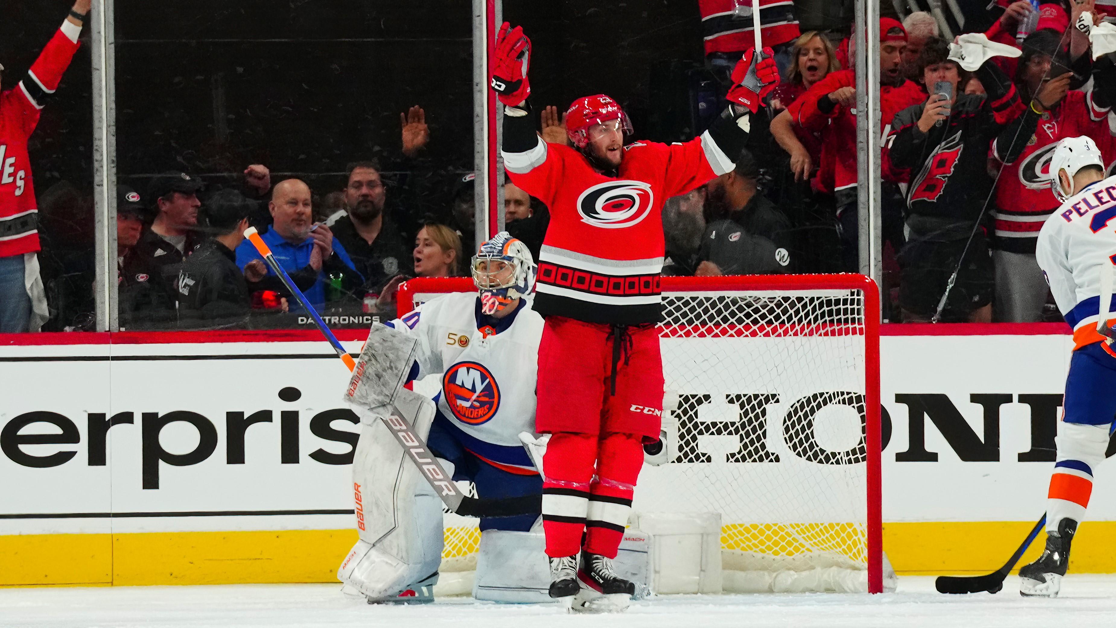 Apr 17, 2023; Raleigh, North Carolina, USA; Carolina Hurricanes right wing Stefan Noesen (23) reacts after scoring a goal past New York Islanders goaltender Ilya Sorokin (30) during the second period in game one of the first round of the 2023 Stanley Cup Playoffs at PNC Arena. Mandatory Credit: James Guillory-USA TODAY Sports / © James Guillory-USA TODAY Sports