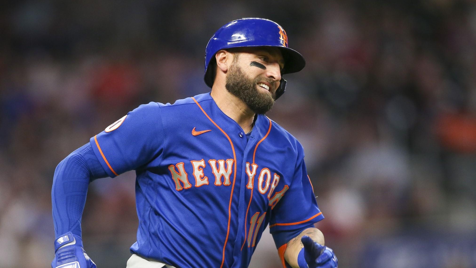 May 17, 2021; Atlanta, Georgia, USA; New York Mets center fielder Kevin Pillar (11) runs to first after hitting a double against the Atlanta Braves in the sixth inning at Truist Park. / Brett Davis-USA TODAY Sports