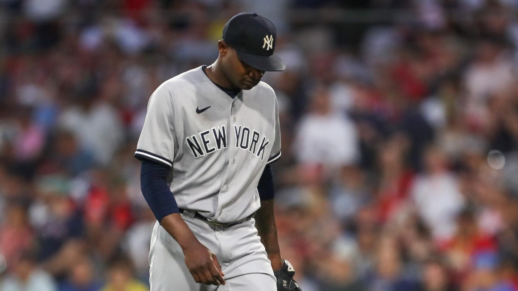Jun 16, 2023; Boston, Massachusetts, USA; New York Yankees starting pitcher Domingo German (0) walks off the field during the third inning against the Boston Red Sox against the Boston Red Sox at Fenway Park. / Paul Rutherford-USA TODAY Sports