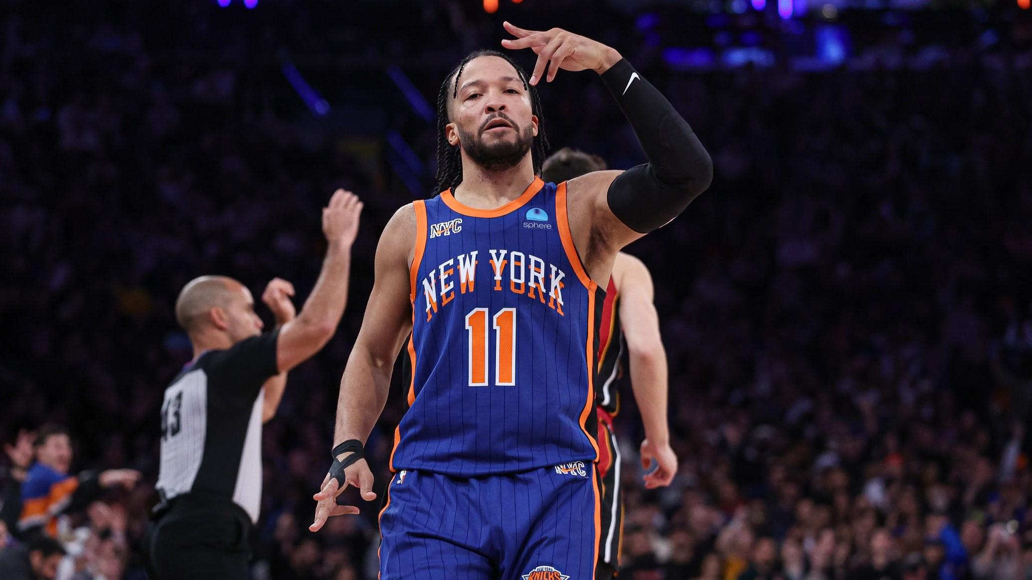 Jan 27, 2024; New York, New York, USA; New York Knicks guard Jalen Brunson (11) reacts after making a three point basket during the second half against the Miami Heat at Madison Square Garden. / Vincent Carchietta-USA TODAY Sports