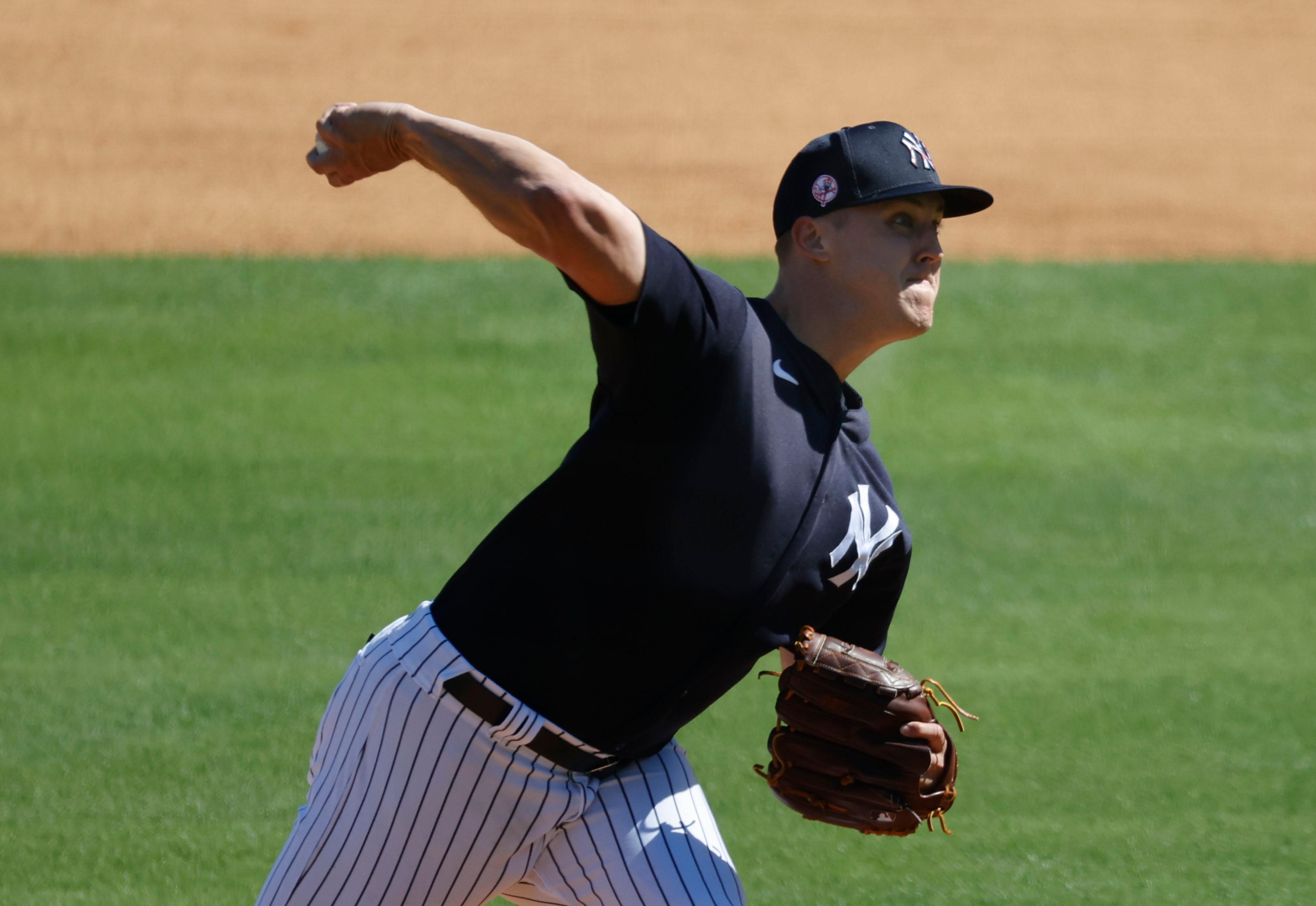 Feb 24, 2021; Tampa, Florida, USA; New York Yankees starting pitcher Jameson Taillon (50) throws a pitch during live batting practice during spring training workouts at George M. Steinbrenner Field. Mandatory Credit: Kim Klement-USA TODAY Sports / Kim Klement-USA TODAY Sports