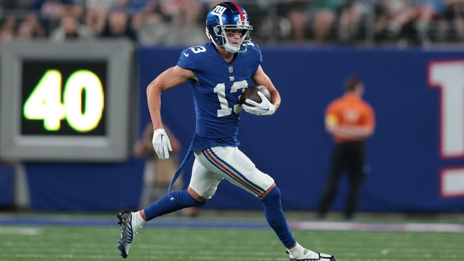 Aug 21, 2022; East Rutherford, New Jersey, USA; New York Giants wide receiver David Sills (13) gains yards after the catch during the first half against the Cincinnati Bengals at MetLife Stadium. / Vincent Carchietta-USA TODAY Sports