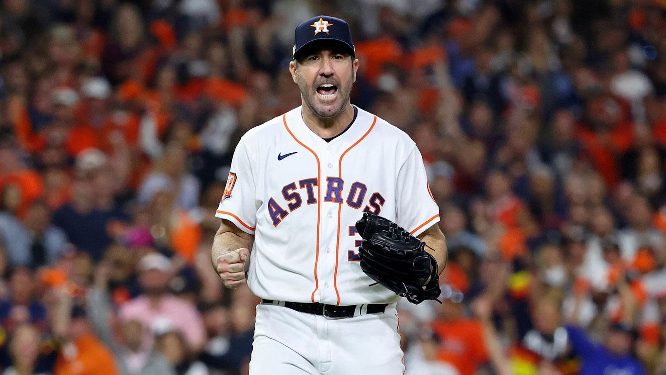 Oct 19, 2022; Houston, Texas, USA; Houston Astros starting pitcher Justin Verlander (35) reacts after striking out Houston Astros second baseman Jose Altuve (not pictured) to end the sixth inning in game one of the ALCS for the 2022 MLB Playoffs at Minute Maid Park. / Troy Taormina-USA TODAY Sports