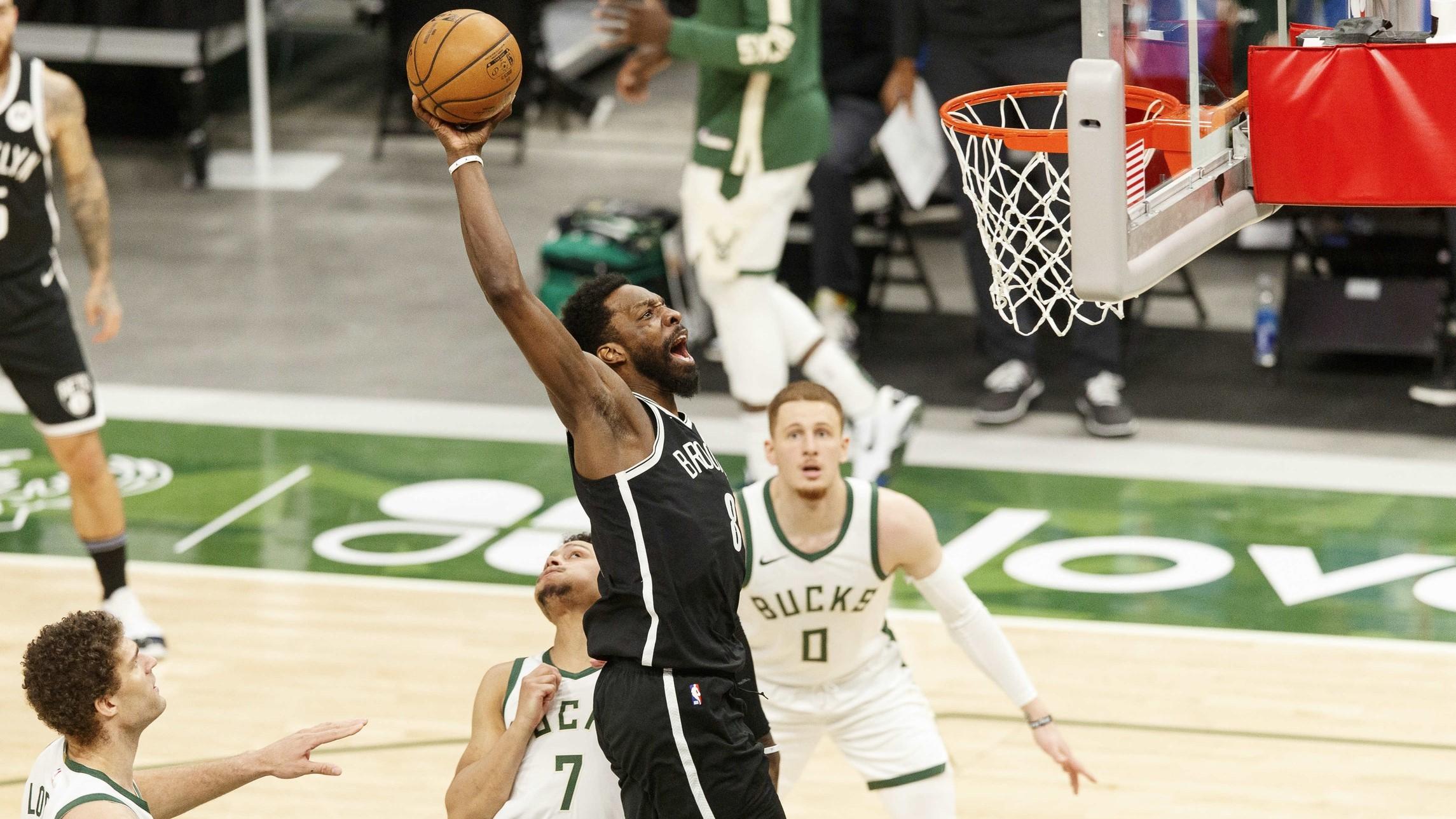 May 4, 2021; Milwaukee, Wisconsin, USA; Brooklyn Nets' Jeff Green (8) shoots during the fourth quarter against the Milwaukee Bucks at Fiserv Forum. / Jeff Hanisch-USA TODAY Sports