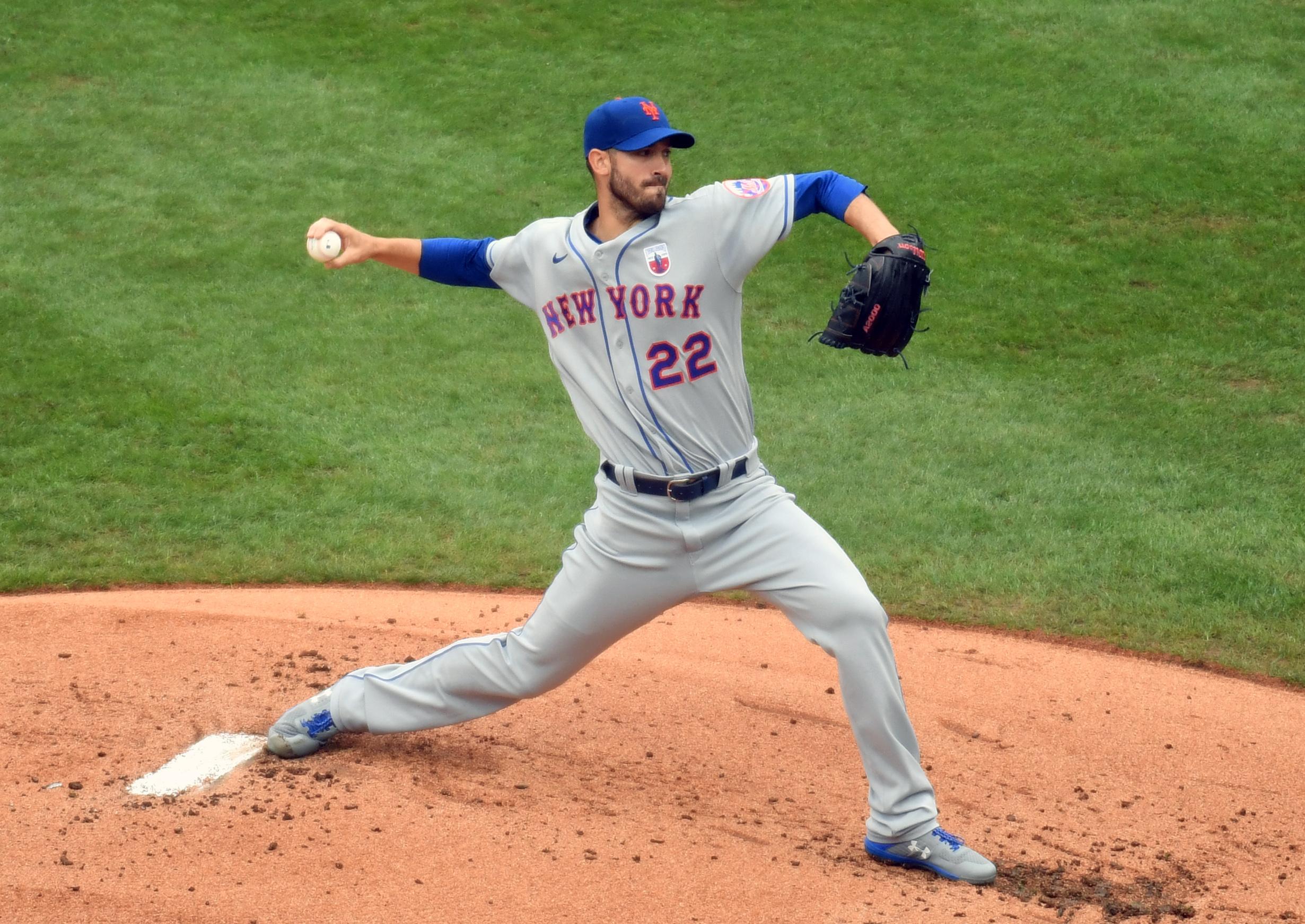 Aug 16, 2020; Philadelphia, Pennsylvania, USA; New York Mets starting pitcher Rick Porcello (22) throws a pitch during the first inning against the Philadelphia Phillies at Citizens Bank Park. Mandatory Credit: Eric Hartline-USA TODAY Sports / Eric Hartline-USA TODAY Sports