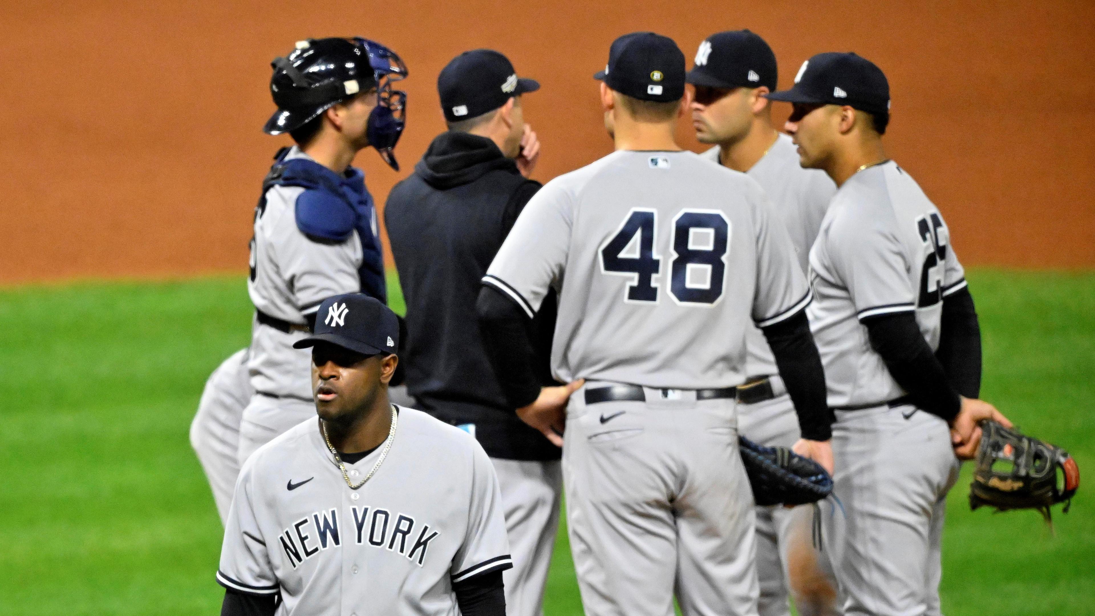 Oct 15, 2022; Cleveland, Ohio, USA; New York Yankees starting pitcher Luis Severino (40) walks toward the dug out after being replaced on the mound in the sixth inning during game three of the NLDS for the 2022 MLB Playoffs against the Cleveland Guardians at Progressive Field. Mandatory Credit: David Richard-USA TODAY Sports / © David Richard-USA TODAY Sports