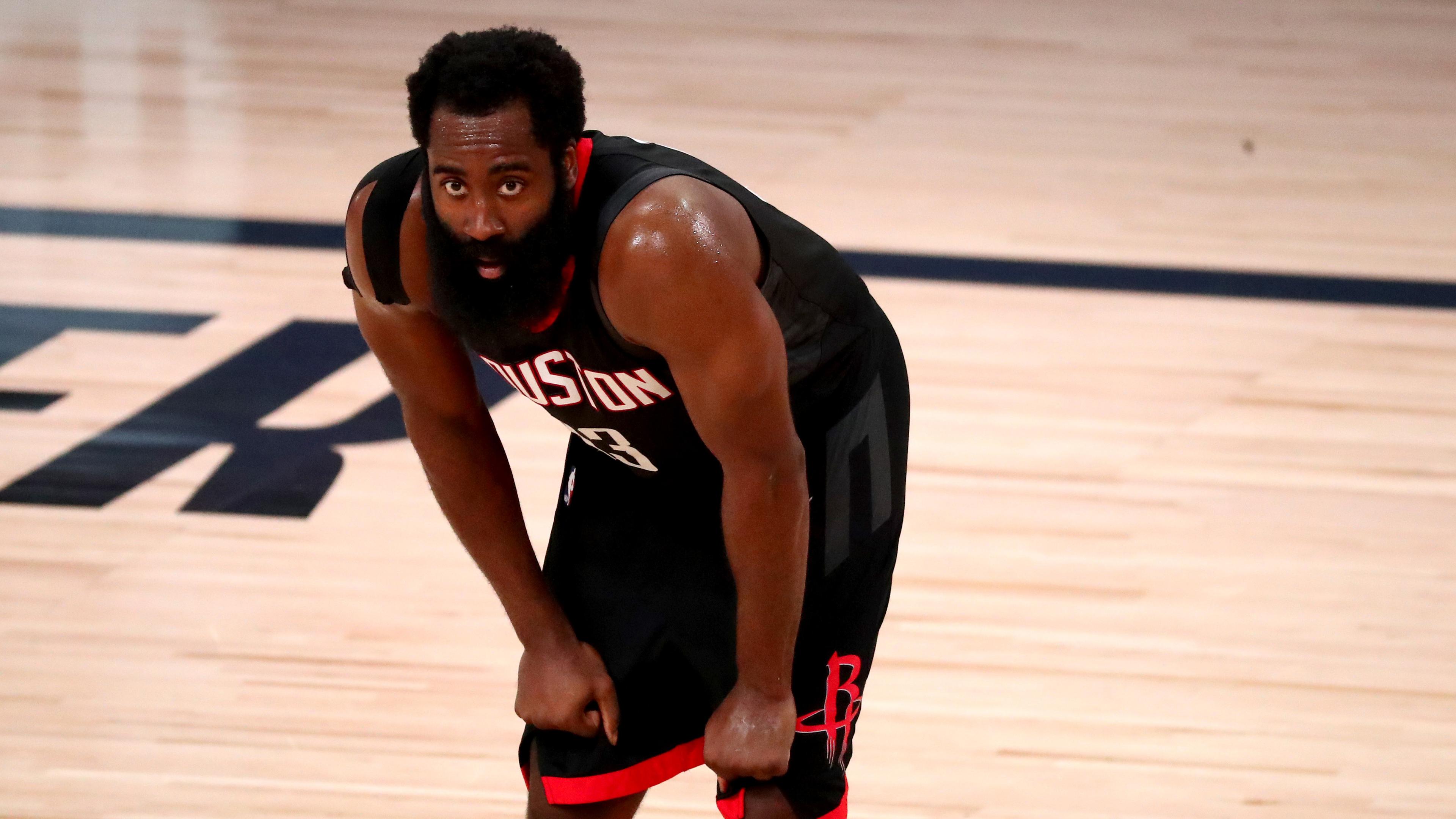 Aug 24, 2020; Lake Buena Vista, Florida, USA; Houston Rockets guard James Harden (13) takes a break during the second half in game four of the first round of the 2020 NBA Playoffs against the Oklahoma City Thunder at AdventHealth Arena. / Kim Klement-USA TODAY Sports