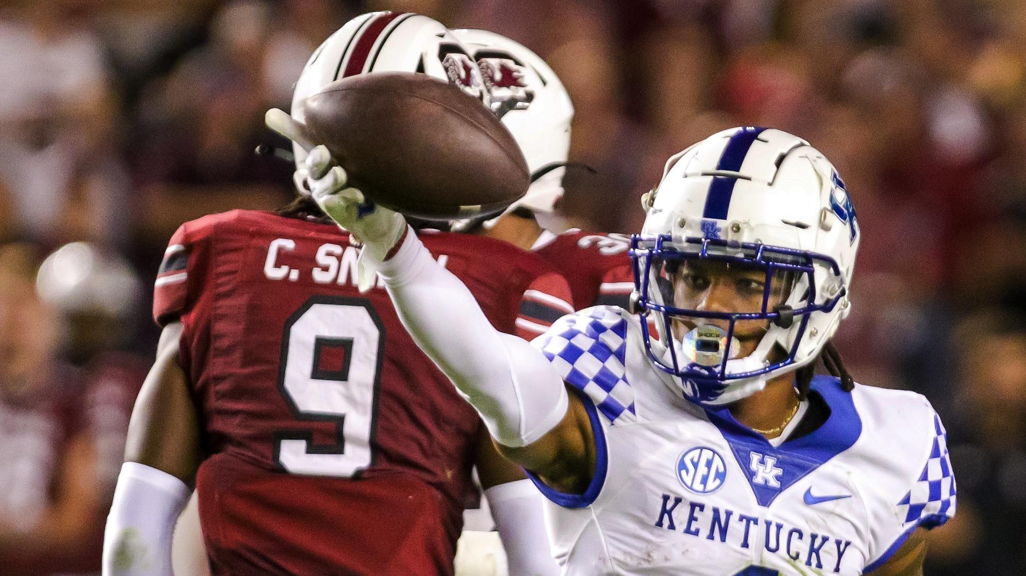 Sep 25, 2021; Columbia, South Carolina, USA; Kentucky Wildcats wide receiver Wan'Dale Robinson (1) celebrates after a first down against the South Carolina Gamecocks in the second half at Williams-Brice Stadium. Mandatory Credit: Jeff Blake-USA TODAY Sports / © Jeff Blake-USA TODAY Sports