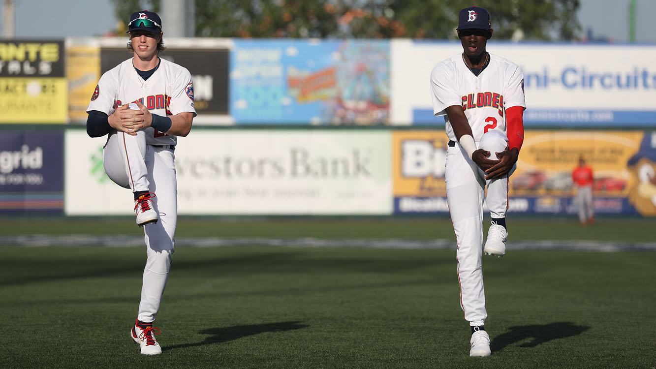 Mets prospects Brett Baty and Ronny Mauricio stretching at MCU Park on May 25, 2021. / Rob Carbuccia/SNY