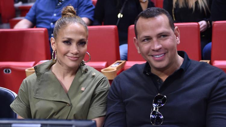 Dec 13, 2019; Miami, FL, USA; Jennifer Lopez (left) and Alex Rodriguez watch in the first half of a game between the Miami Heat and the Los Angeles Lakers at American Airlines Arena. / Steve Mitchell-USA TODAY Sports