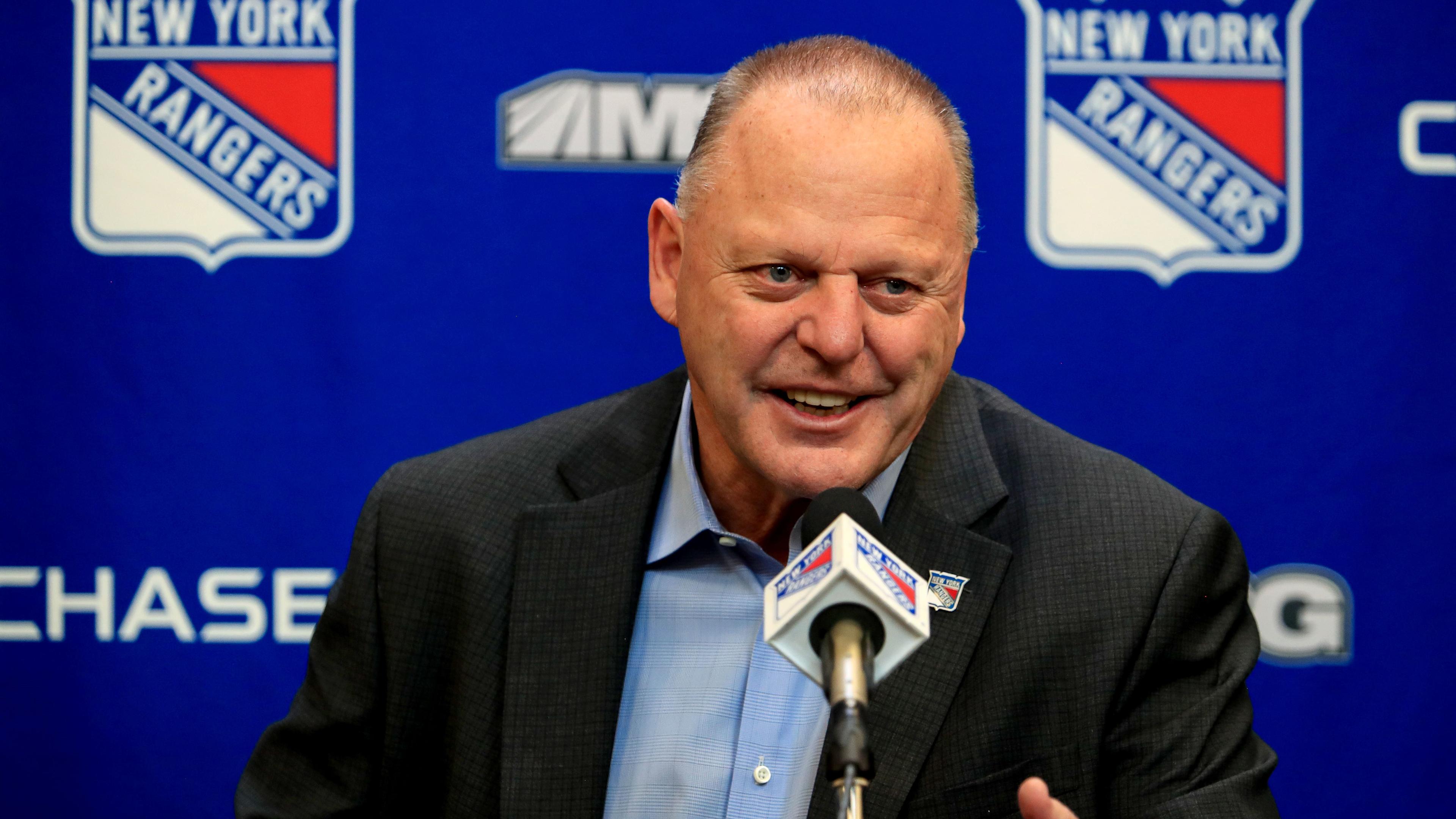 New York Rangers head coach Gerard Gallant speaks to the media following a 3-2 win against the Washington Capitals at Madison Square Garden. / Danny Wild - USA TODAY Sports