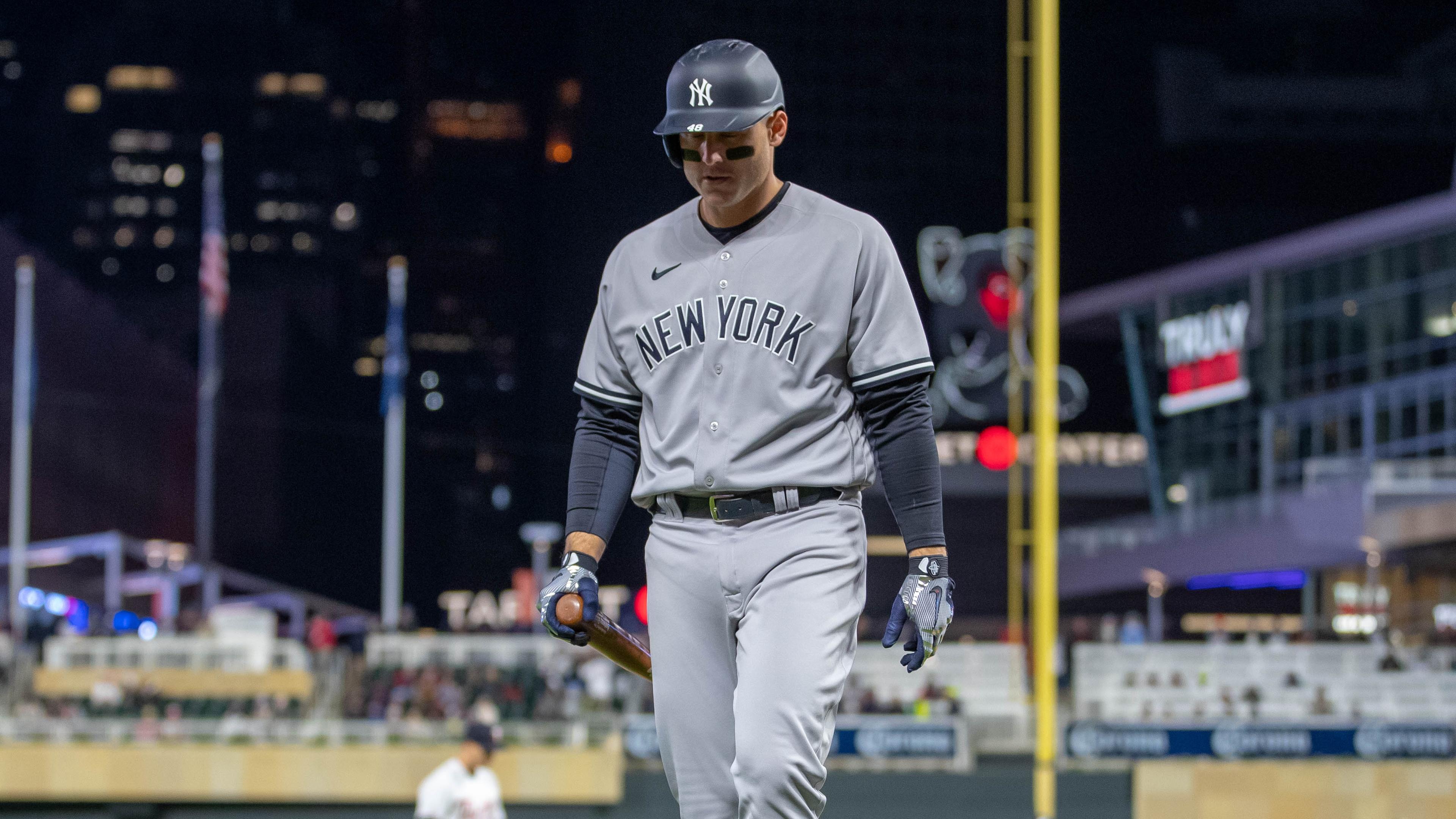 New York Yankees first baseman Anthony Rizzo (48) walks back to the dugout after striking out during the eighth inning against the Minnesota Twins at Target Field / Jesse Johnson - USA TODAY Sports