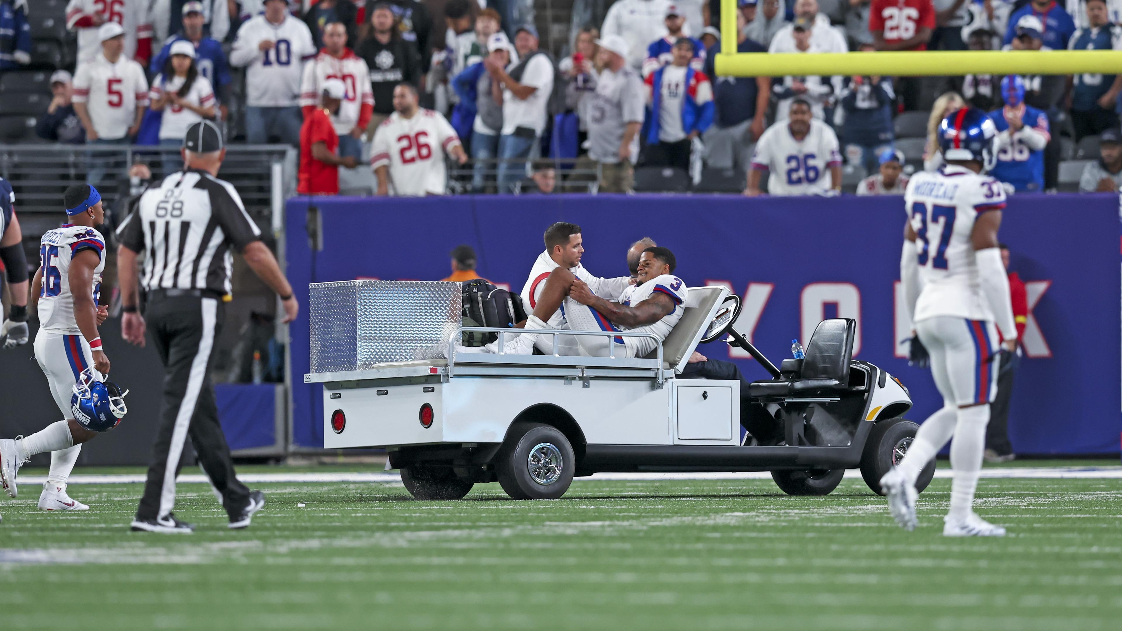 Sep 26, 2022; East Rutherford, New Jersey, USA; New York Giants wide receiver Sterling Shepard (3) leaves on a cart after injuring himself during the second half against the Dallas Cowboys at MetLife Stadium. Mandatory Credit: Brad Penner-USA TODAY Sports / © Brad Penner-USA TODAY Sports