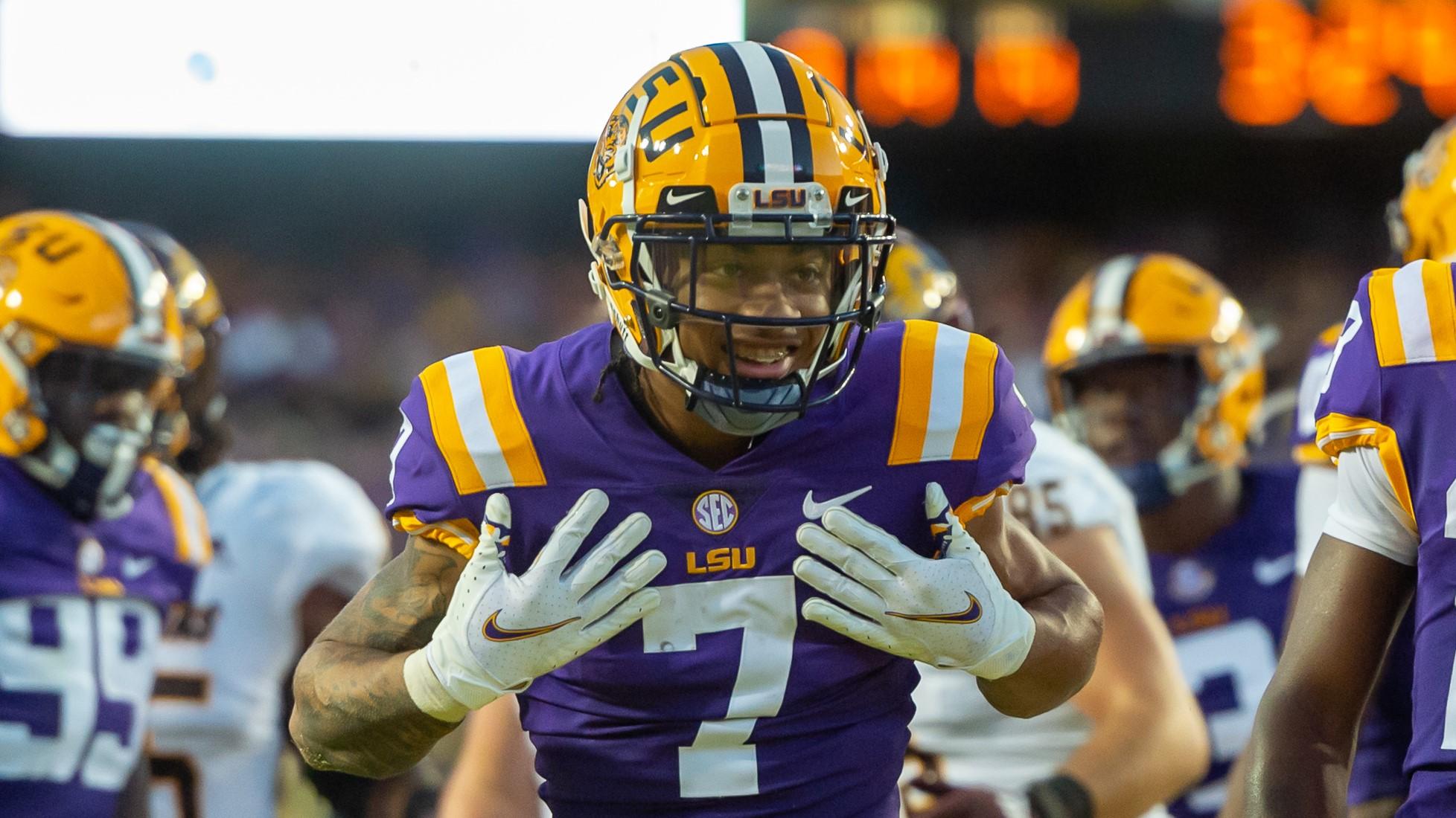 LSU Tigers cornerback Derek Stingley Jr. (7) reacts after making a tackle against the Central Michigan Chippewas at Tiger Stadium. / Scott Clause/USA TODAY