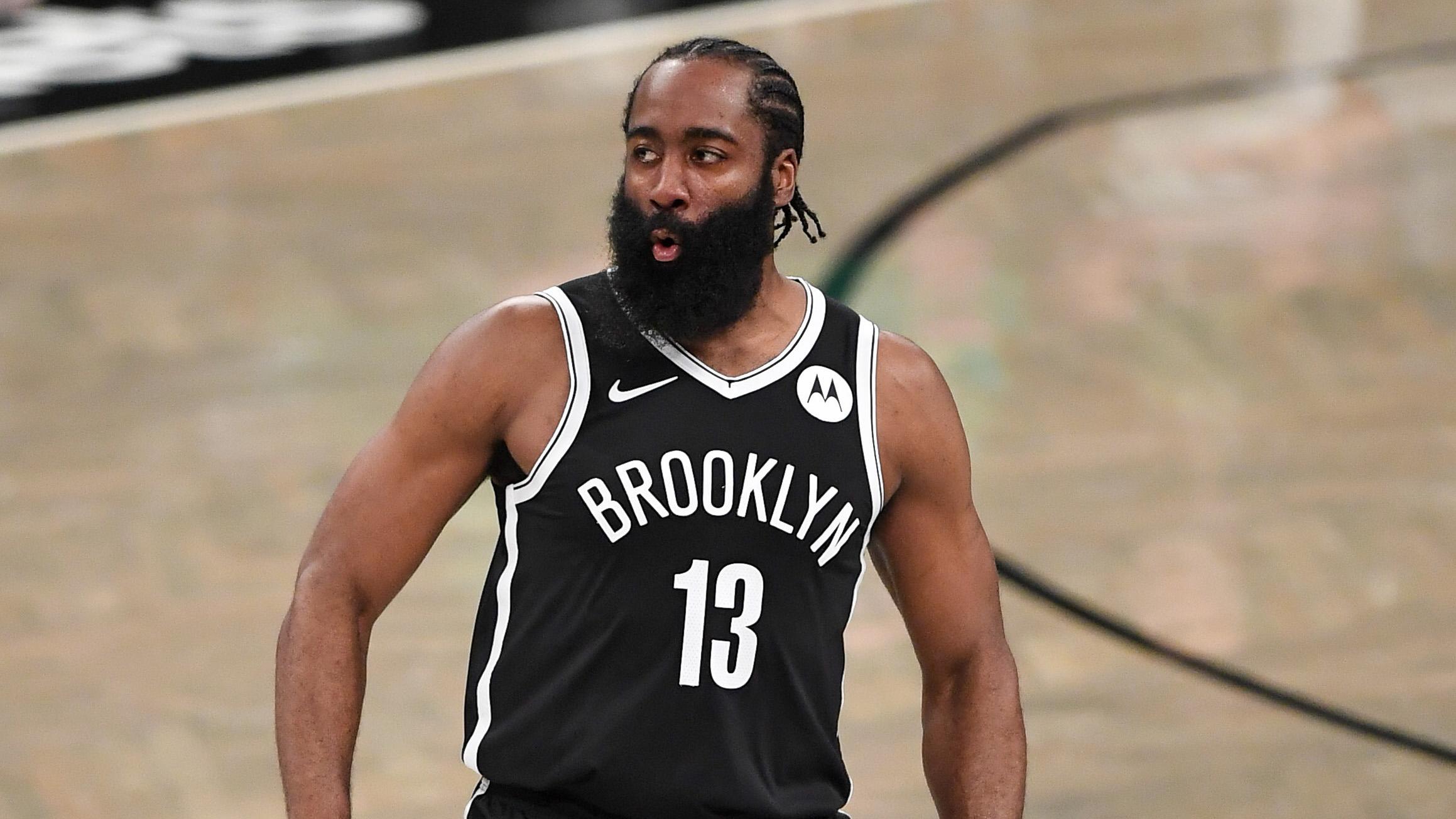 Brooklyn Nets guard James Harden (13) celebrates a three pointer against the Boston Celtics during the third quarter of game one in the first round of the 2021 NBA Playoffs. at Barclays Center. / Dennis Schneidler-USA TODAY Sports