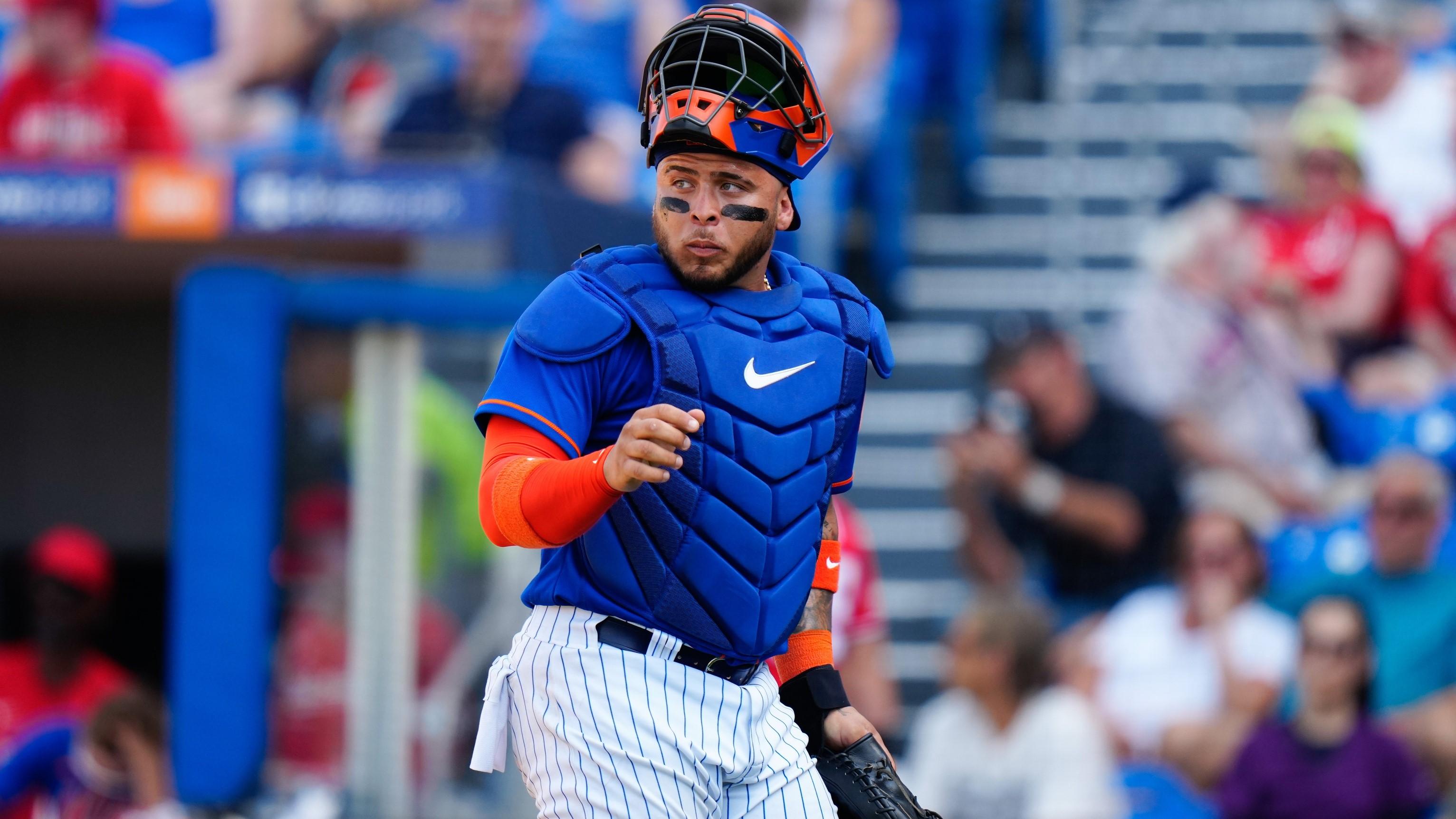 Mar 3, 2023; Port St. Lucie, Florida, USA; New York Mets catcher Francisco Alvarez (50) walks off the field against the Washington Nationals during the seventh inning at Clover Park / Rich Storry-USA TODAY Sports
