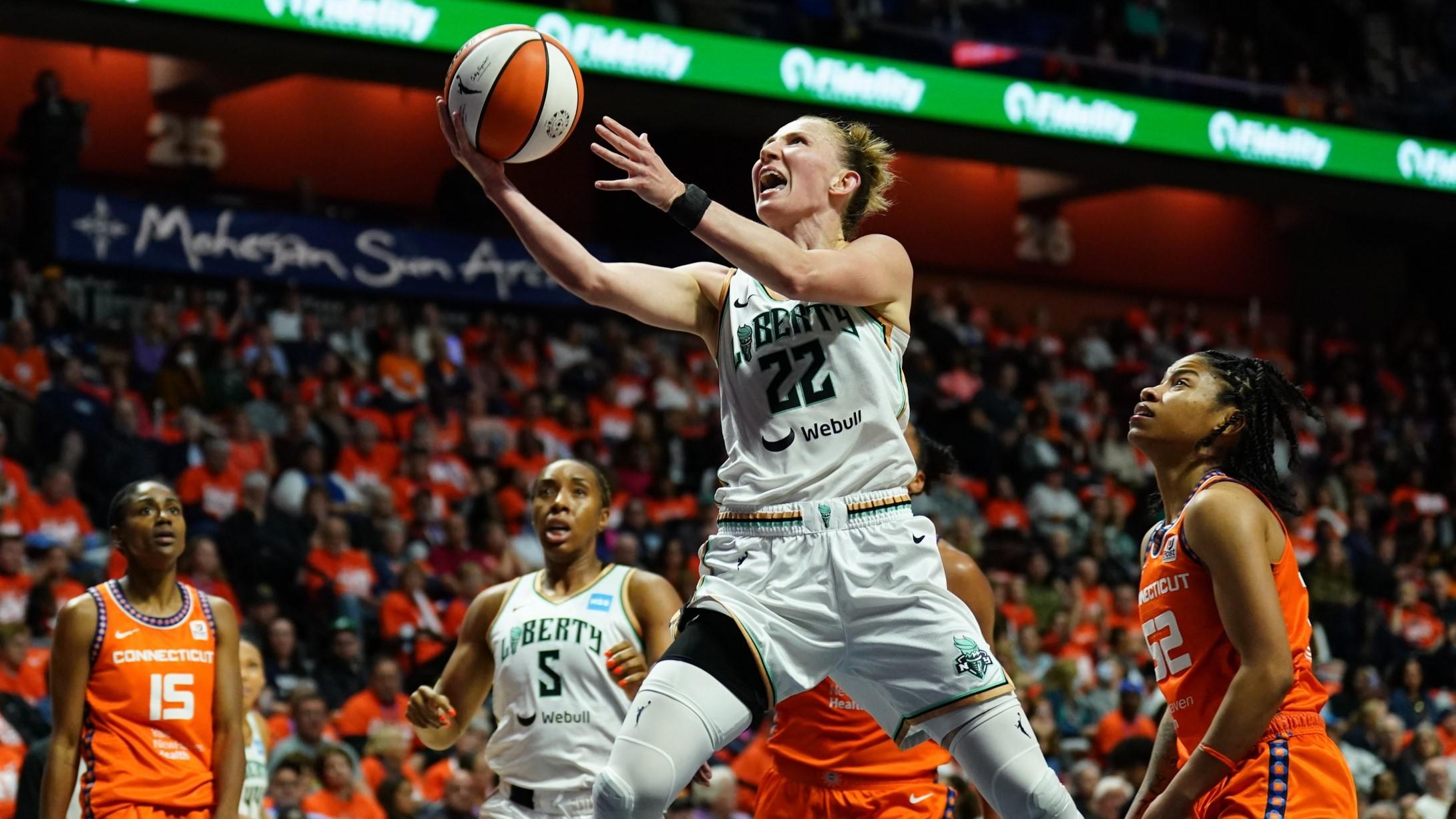 Sep 29, 2023; Uncasville, Connecticut, USA; New York Liberty guard Courtney Vandersloot (22) drives to the basket against the Connecticut Sun in the second quarter during game three of the 2023 WNBA Playoffs at Mohegan Sun Arena. / David Butler II-USA TODAY Sports