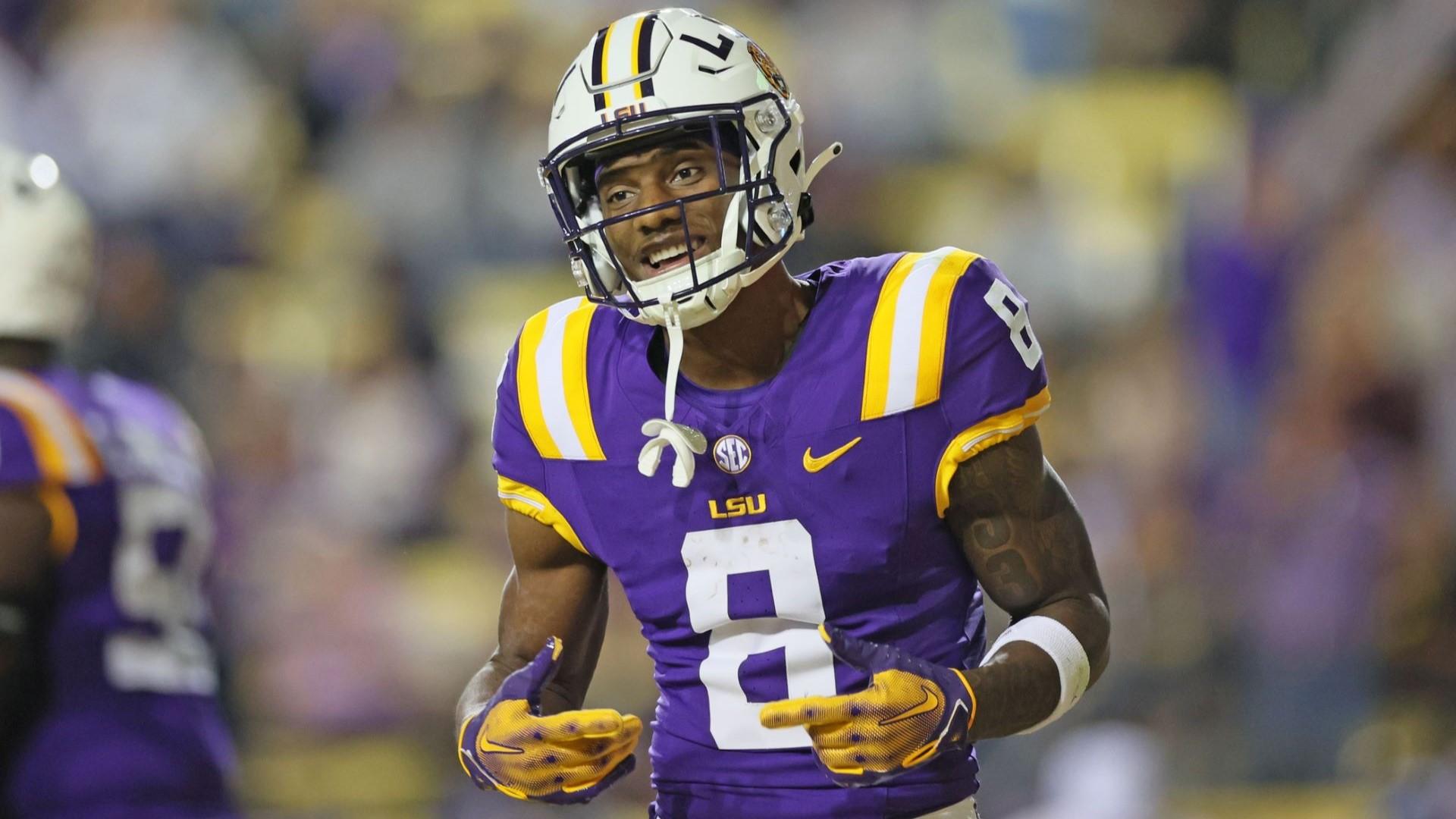 Nov 18, 2023; Baton Rouge, Louisiana, USA; LSU Tigers wide receiver Malik Nabers (8) celebrates his 40-yard touchdown catch in the fourth quarter against the Georgia State Panthers at Tiger Stadium. / Matthew Dobbins-USA TODAY Sports