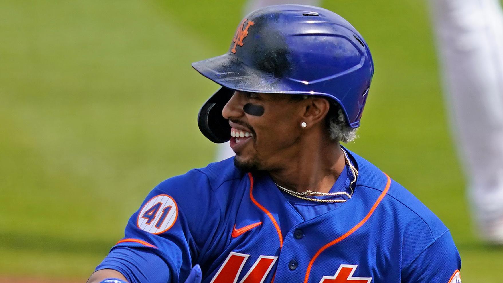 Mar 8, 2021; West Palm Beach, Florida, USA; New York Mets shortstop Francisco Lindor (12) reacts after his fly ball was caught by Washington Nationals center fielder Victor Robles (16, not pictured) in the 1st inning of the spring training game at The Ballpark of the Palm Beaches. / Jasen Vinlove-USA TODAY Sports