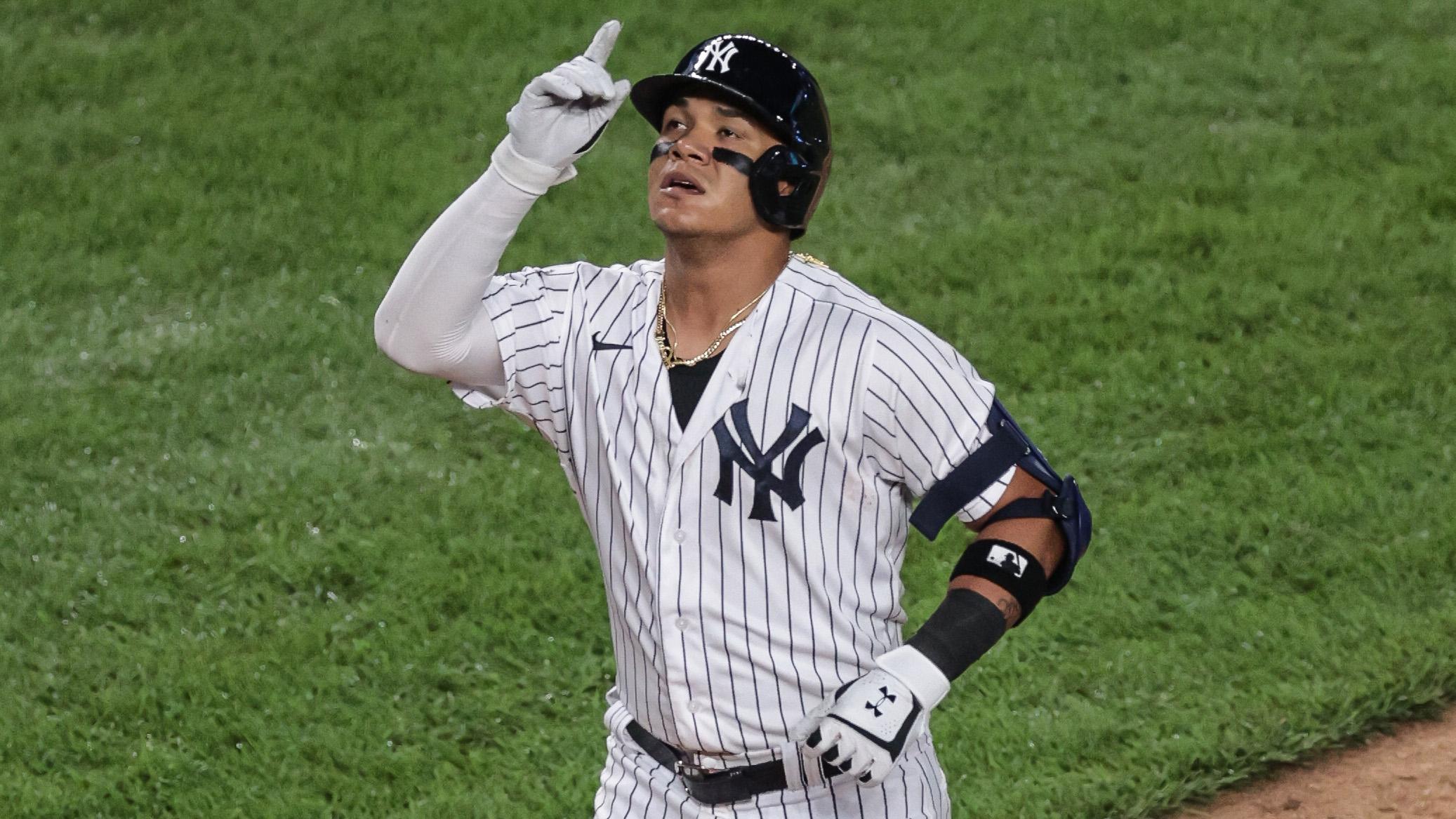 New York Yankees third base man Thairo Estrada (71) reacts after his solo home run during the fourth inning against the Boston Red Sox at Yankee Stadium. / Vincent Carchietta-USA TODAY Sports