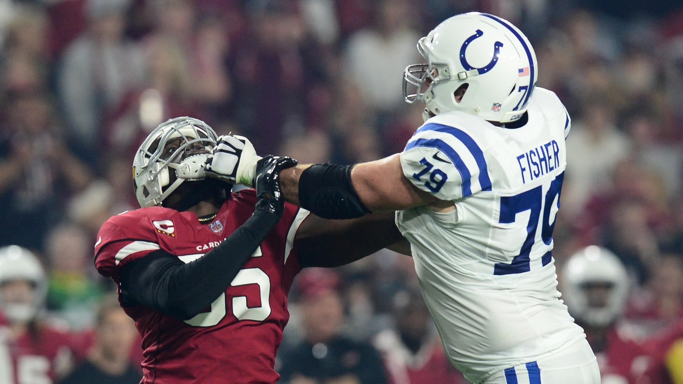 Indianapolis Colts offensive tackle Eric Fisher (79) blocks Arizona Cardinals outside linebacker Chandler Jones (55) during the first half at State Farm Stadium. / Joe Camporeale-USA TODAY Sports