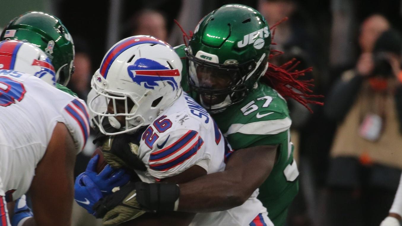 C.J. Mosley of the Jets can't stop Devin Singletary of the Buffalo Bills from scoring this TD in the second half. The Buffalo Bills beat the New York Jets 45-17 at Metlife Stadium in East Rutherford, NJ on November 14, 2021. / Chris Pedota, NorthJersey.com / USA TODAY NETWORK