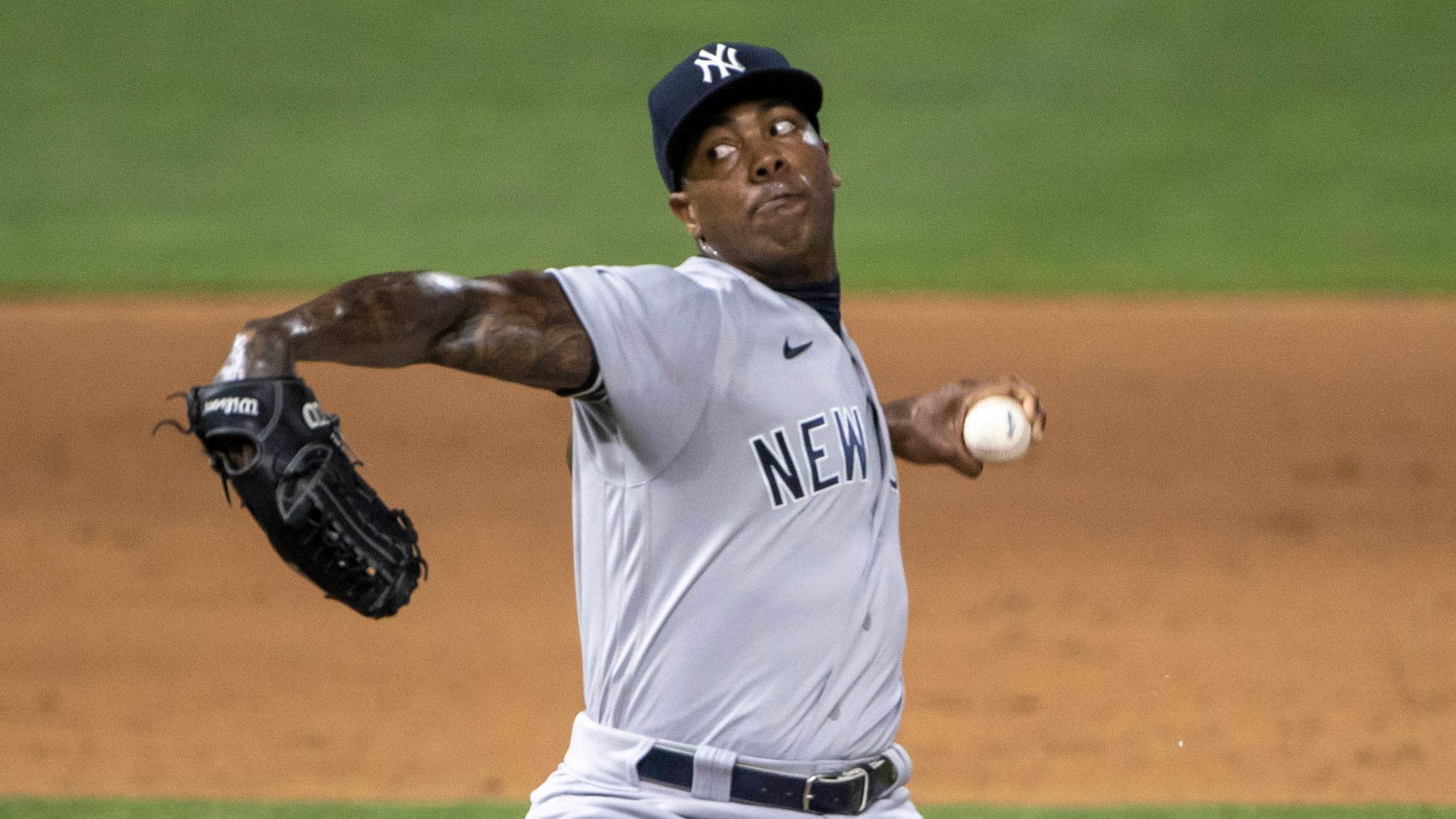 Jun 10, 2021; Minneapolis, Minnesota, USA; New York Yankees relief pitcher Aroldis Chapman (54) delivers a pitch in the ninth inning against the Minnesota Twins at Target Field. / Jesse Johnson-USA TODAY Sports