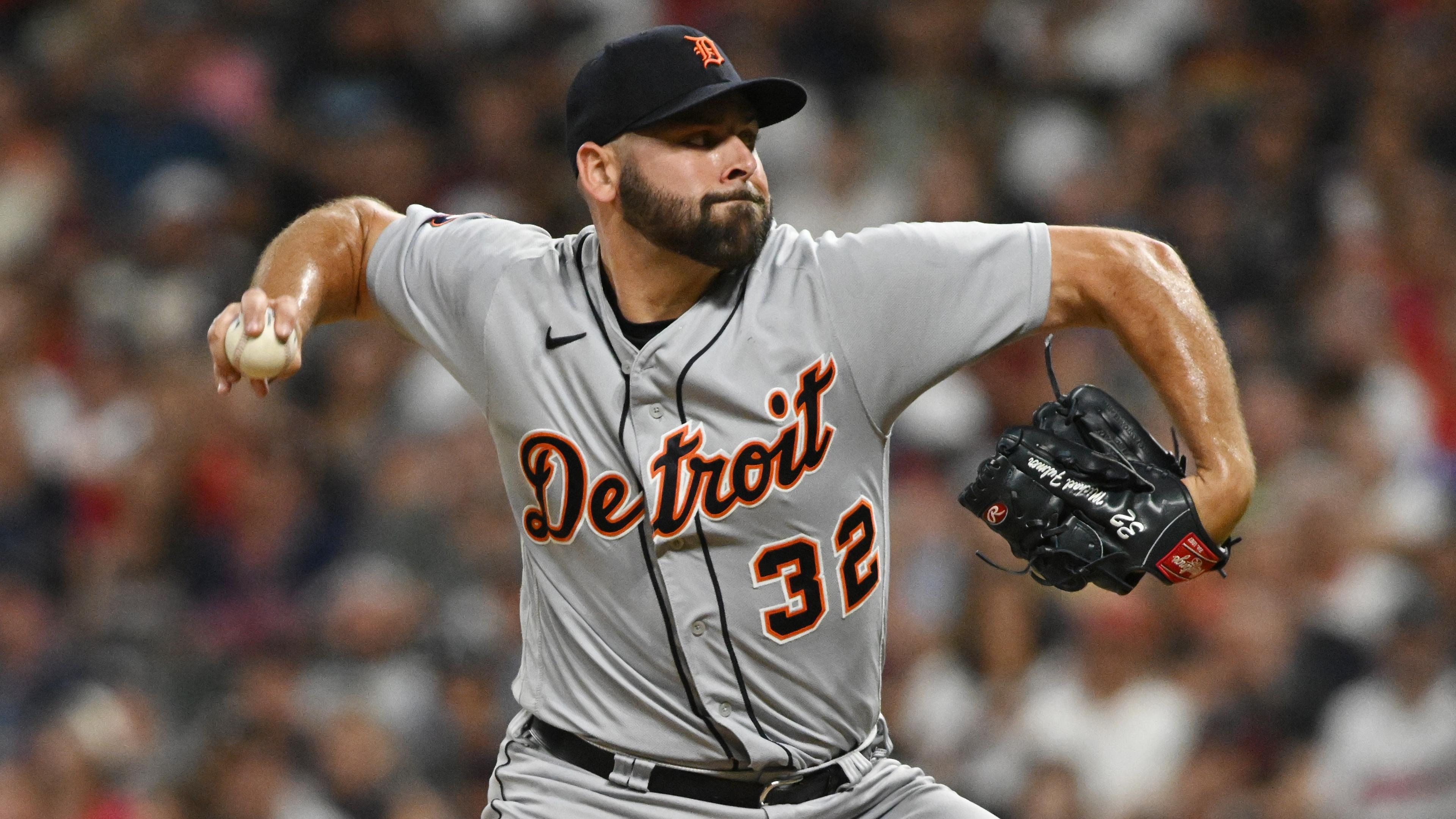 Jul 15, 2022; Cleveland, Ohio, USA; Detroit Tigers relief pitcher Michael Fulmer (32) throws a pitch during the seventh inning against the Cleveland Guardians at Progressive Field. / Ken Blaze-USA TODAY Sports