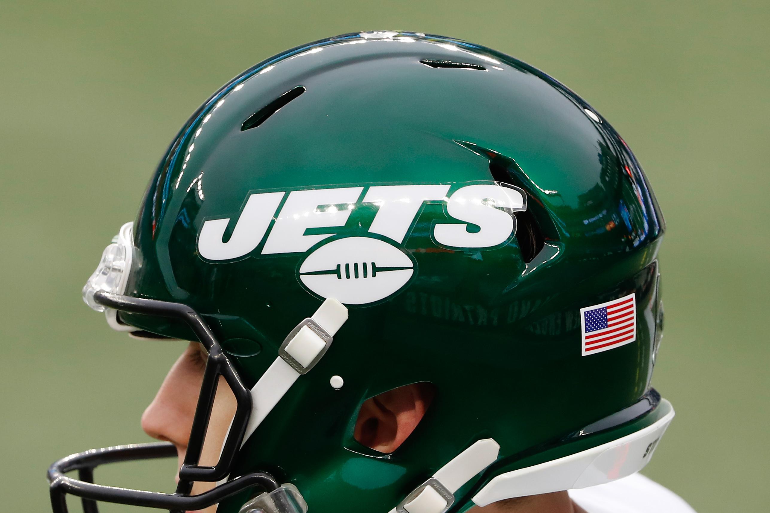 Jan 3, 2021; Foxborough, Massachusetts, USA; The New York Jets logo is seen on a helmet during the first half of their game against the New England Patriots at Gillette Stadium. / Winslow Townson-USA TODAY Sports