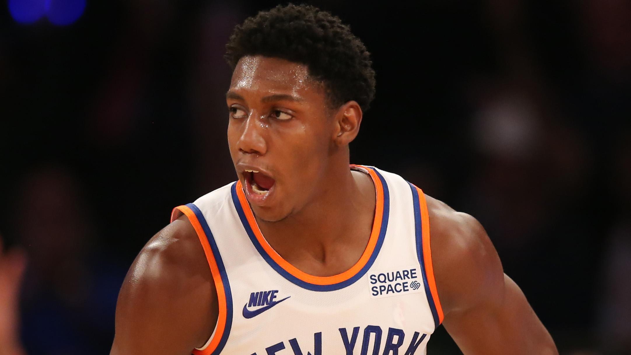 Oct 20, 2021; New York, New York, USA; New York Knicks guard RJ Barrett (9) reacts after a three point shot against the Boston Celtics during the third quarter at Madison Square Garden. / Brad Penner-USA TODAY Sports