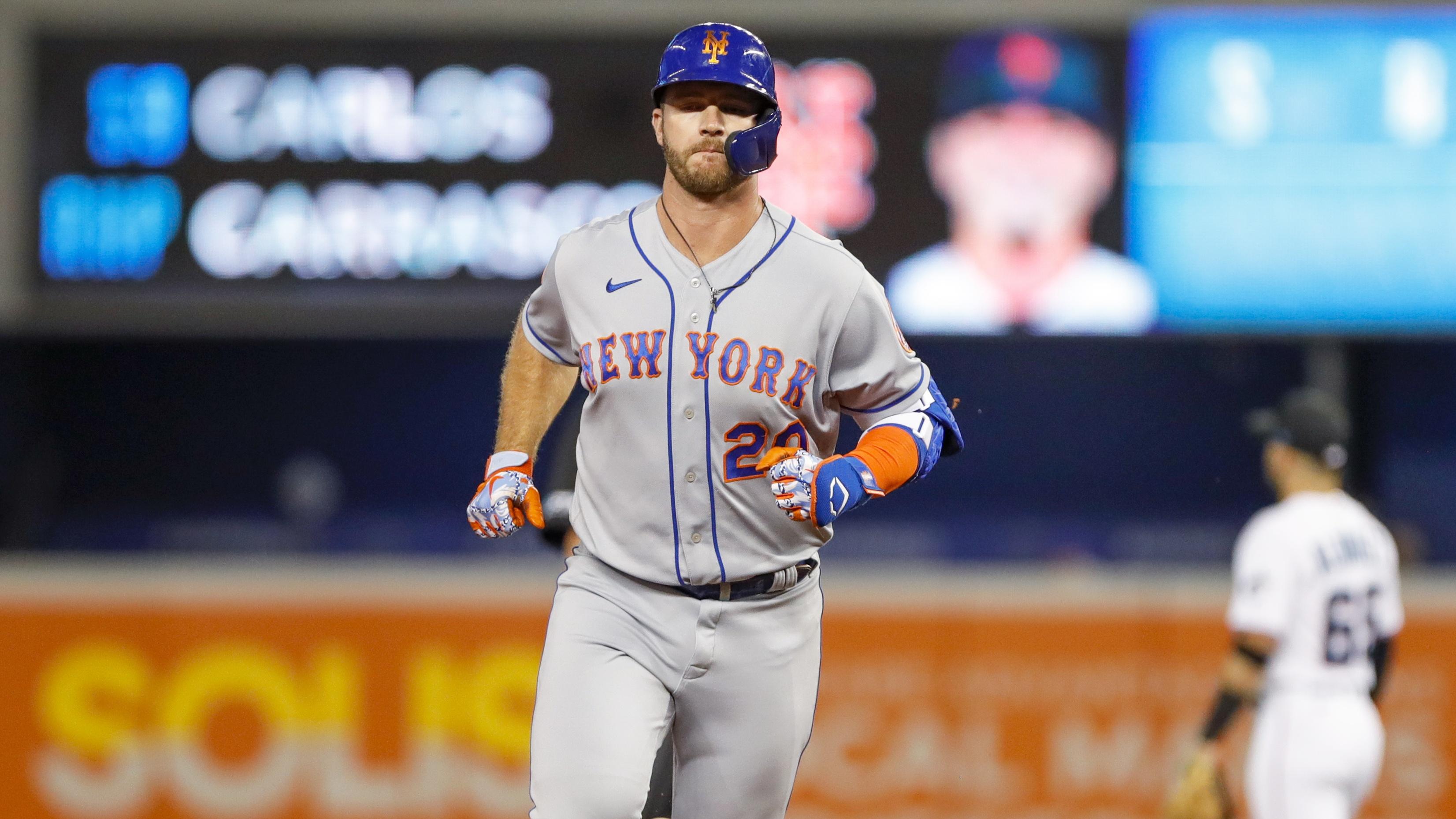 Sep 7, 2021; Miami, Florida, USA; New York Mets first baseman Pete Alonso (20) rounds the bases after hitting a home run during the first inning against the Miami Marlins at loanDepot Park. Mandatory Credit: Sam Navarro-USA TODAY Sports / © Sam Navarro-USA TODAY Sports