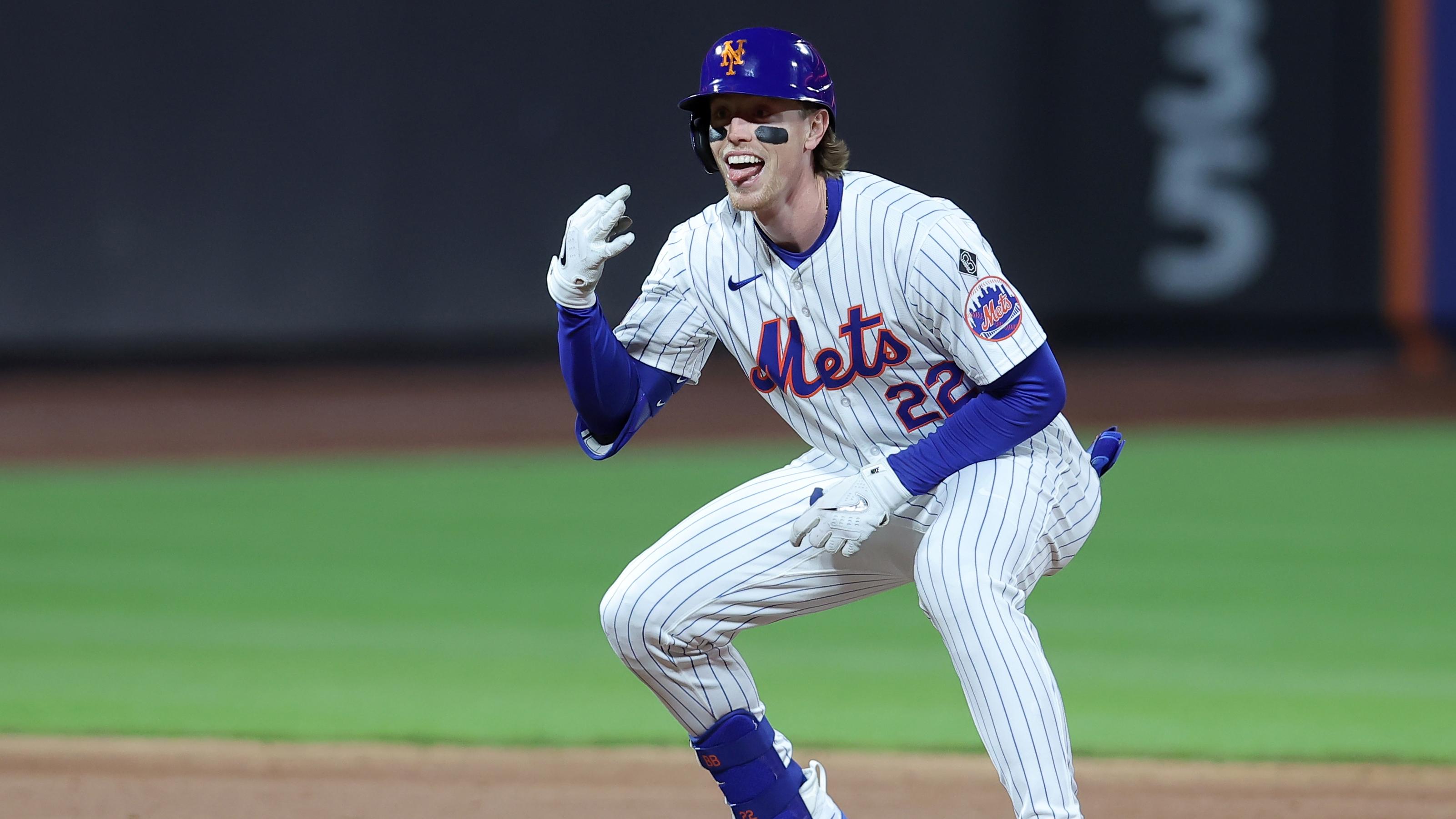 New York Mets third baseman Brett Baty (22) reacts after hitting a two run double against the Kansas City Royals during the fifth inning at Citi Field. / Brad Penner-USA TODAY Sports