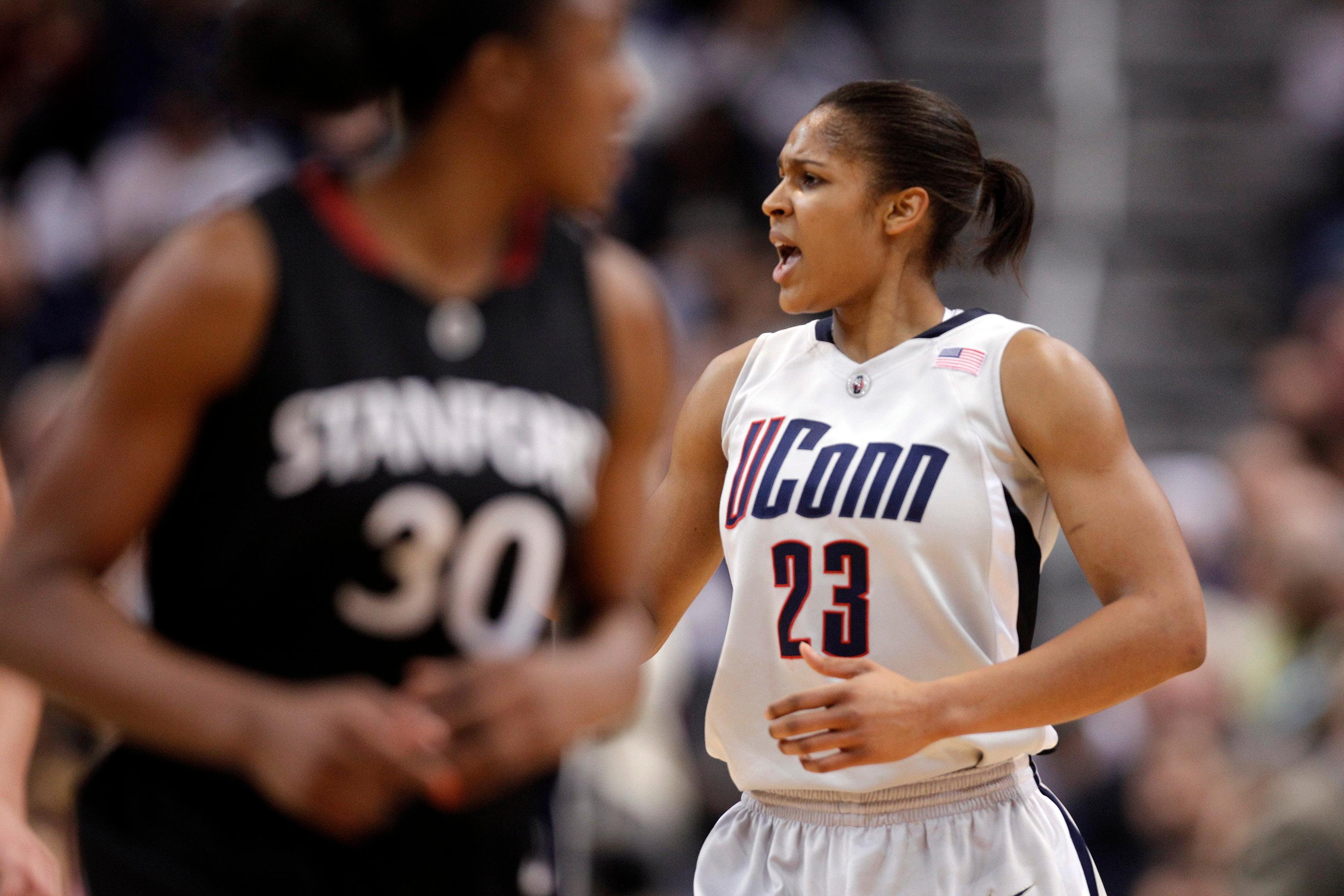 Dec 23, 2009; Hartford, CT, USA; Connecticut Huskies forward Maya Moore (23) reacts after a play against the Stanford Cardinal during the first half at the XL Center. / David Butler II-USA TODAY Sports