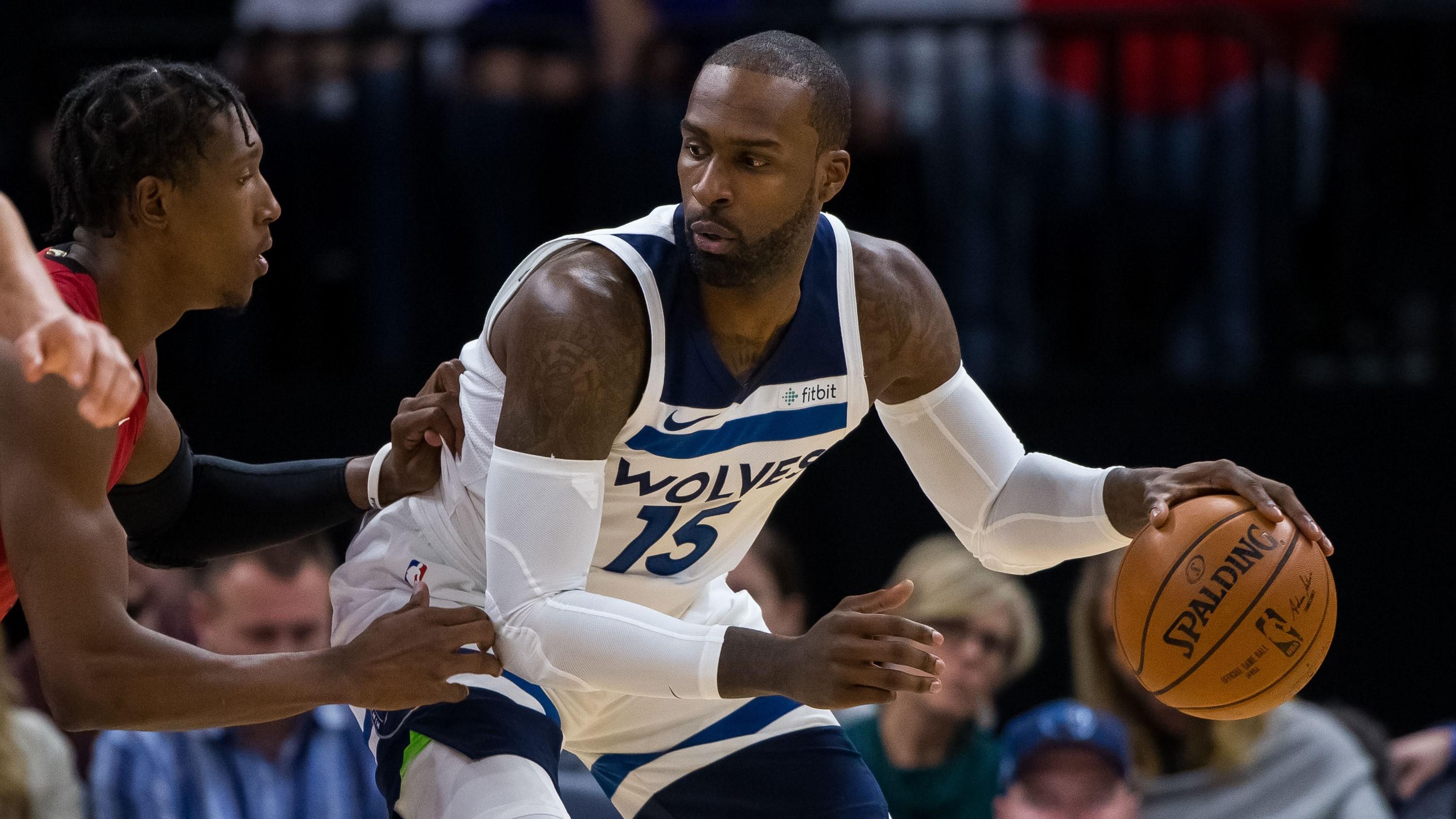 Nov 24, 2017; Minneapolis, MN, USA; Minnesota Timberwolves forward Shabazz Muhammad (15) dribbles in the second quarter against the Miami Heat at Target Center. / Brad Rempel-USA TODAY Sports