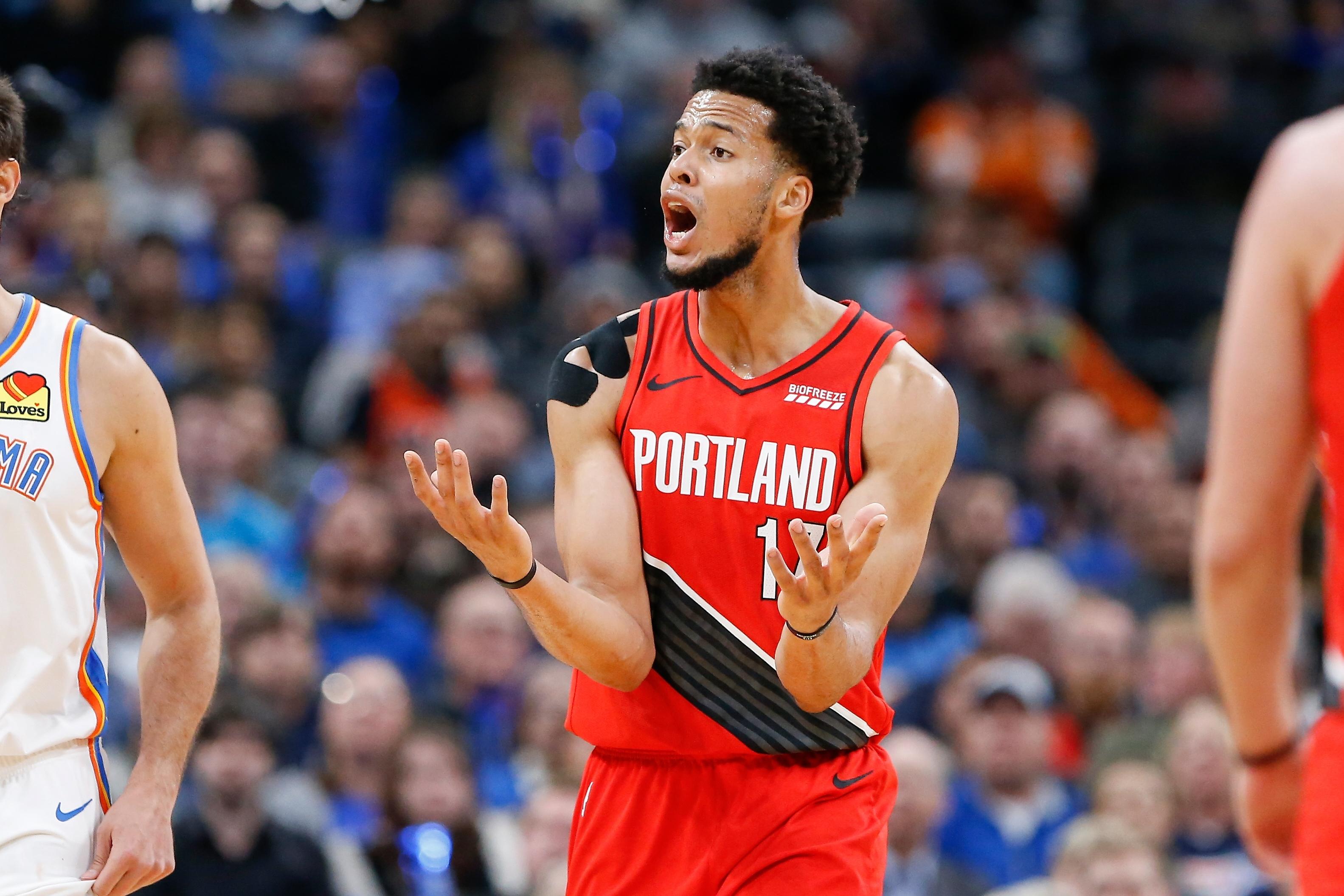 Oct 30, 2019; Oklahoma City, OK, USA; Portland Trail Blazers forward Skal Labissiere (17) reacts to a call against him after a play during the second quarter against the Oklahoma City Thunder at Chesapeake Energy Arena. / © Alonzo Adams-USA TODAY Sports