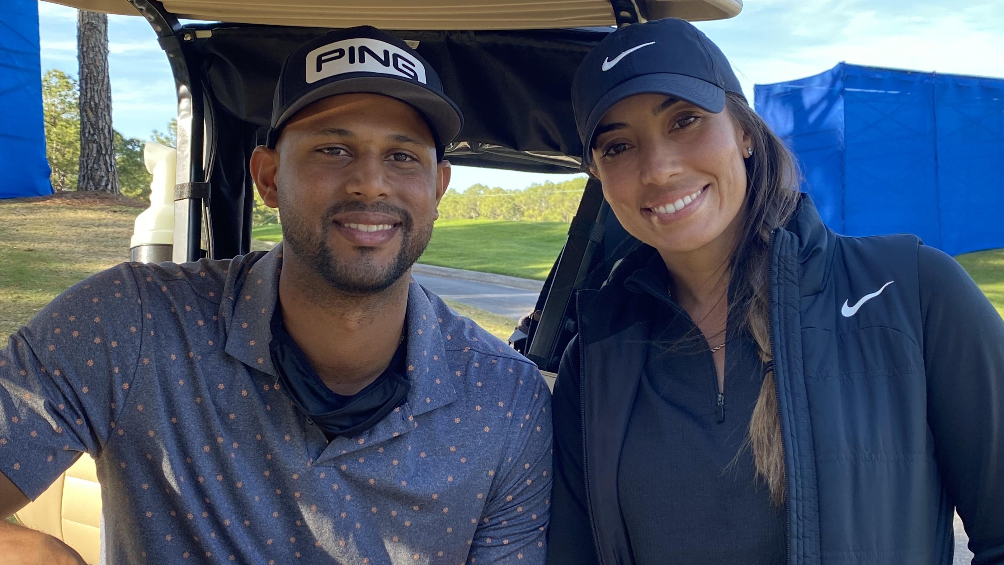 Jan 19, 2021; LAKE BUENA VISTA, FL, USA; Fresh off a win, Cheyenne Woods is on the bag for her boyfriend, Yankees outfielder Aaron Hicks, at Diamond Resorts TOC. / © Golfweek-USA TODAY NETWORK