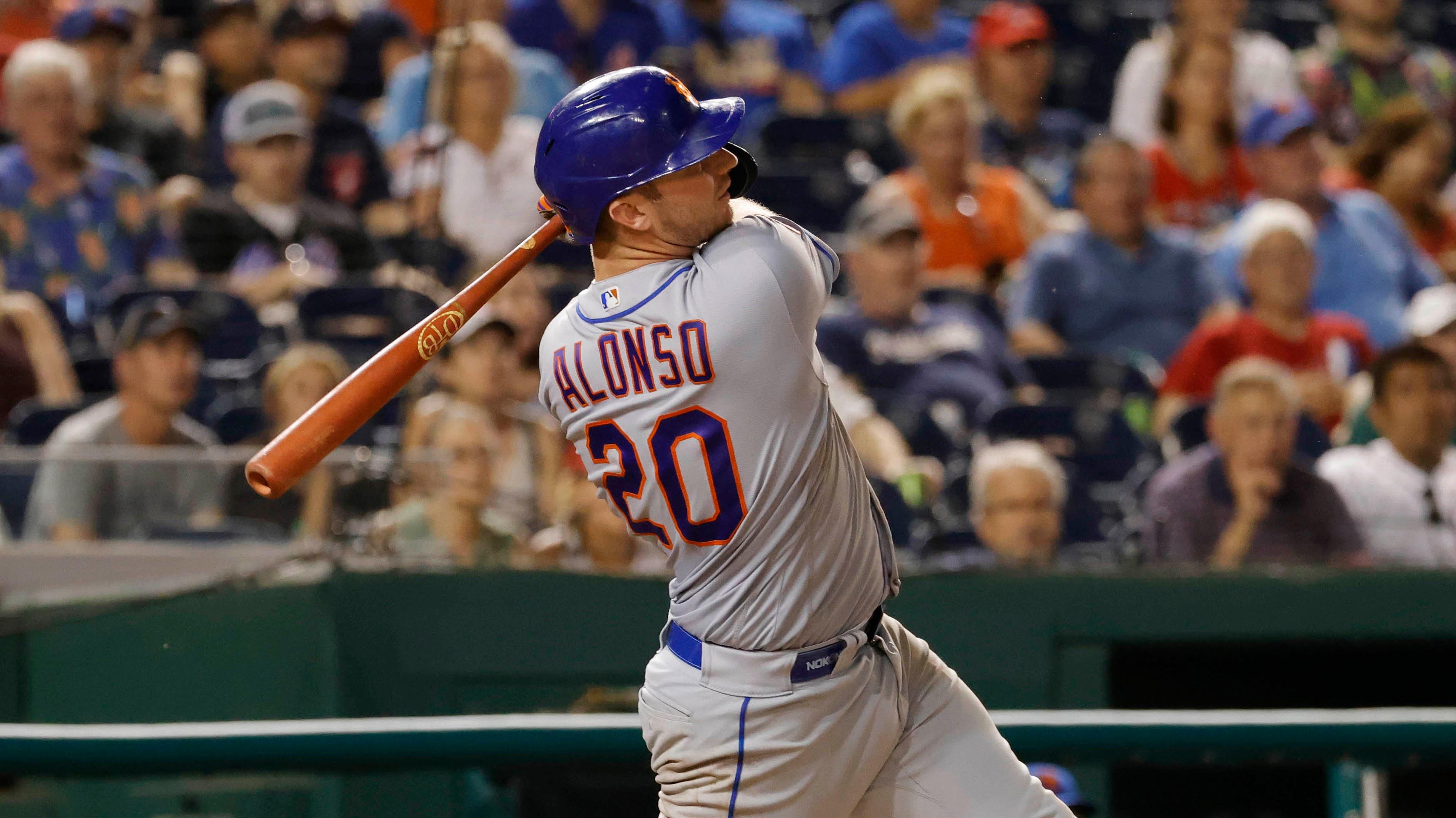 Jun 28, 2021; Washington, District of Columbia, USA; New York Mets first baseman Pete Alonso (20) hits a two run home run against the Washington Nationals in the eighth inning at Nationals Park. / Geoff Burke-USA TODAY Sports
