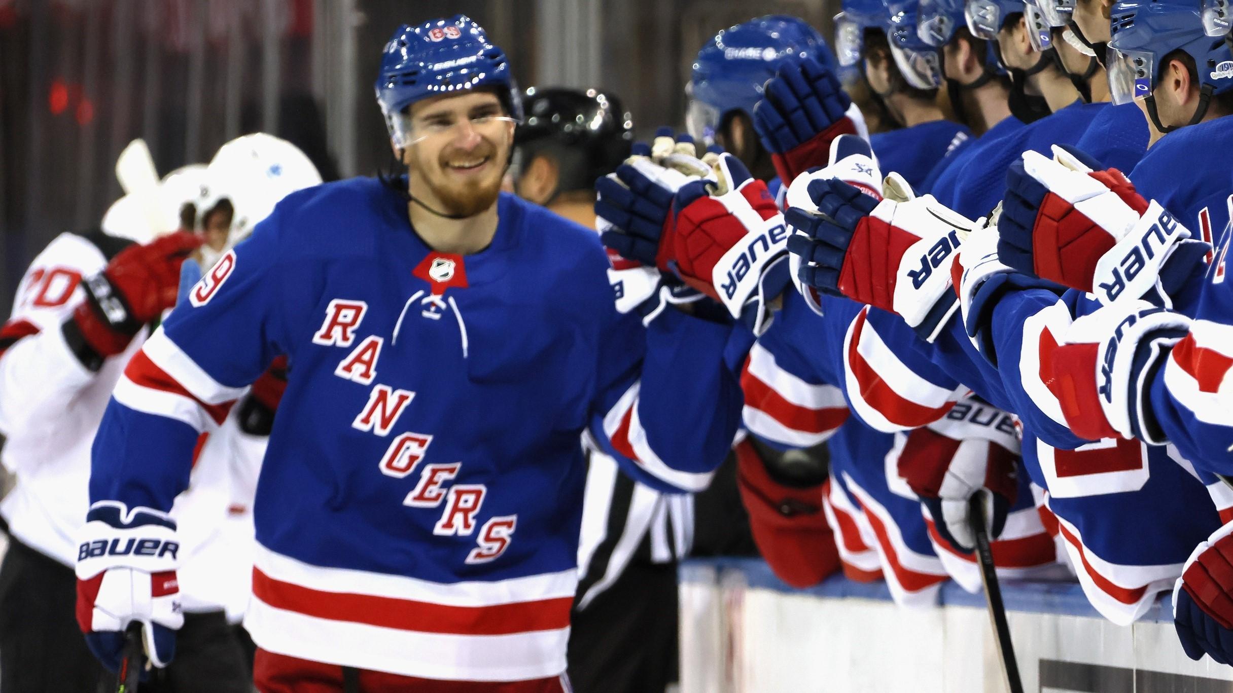 Pavel Buchnevich #89 of the New York Rangers celebrates his 2nd goal of the game at 11:48 of the first period against the New Jersey Devils at Madison Square Garden. / POOL PHOTOS-USA TODAY Sports