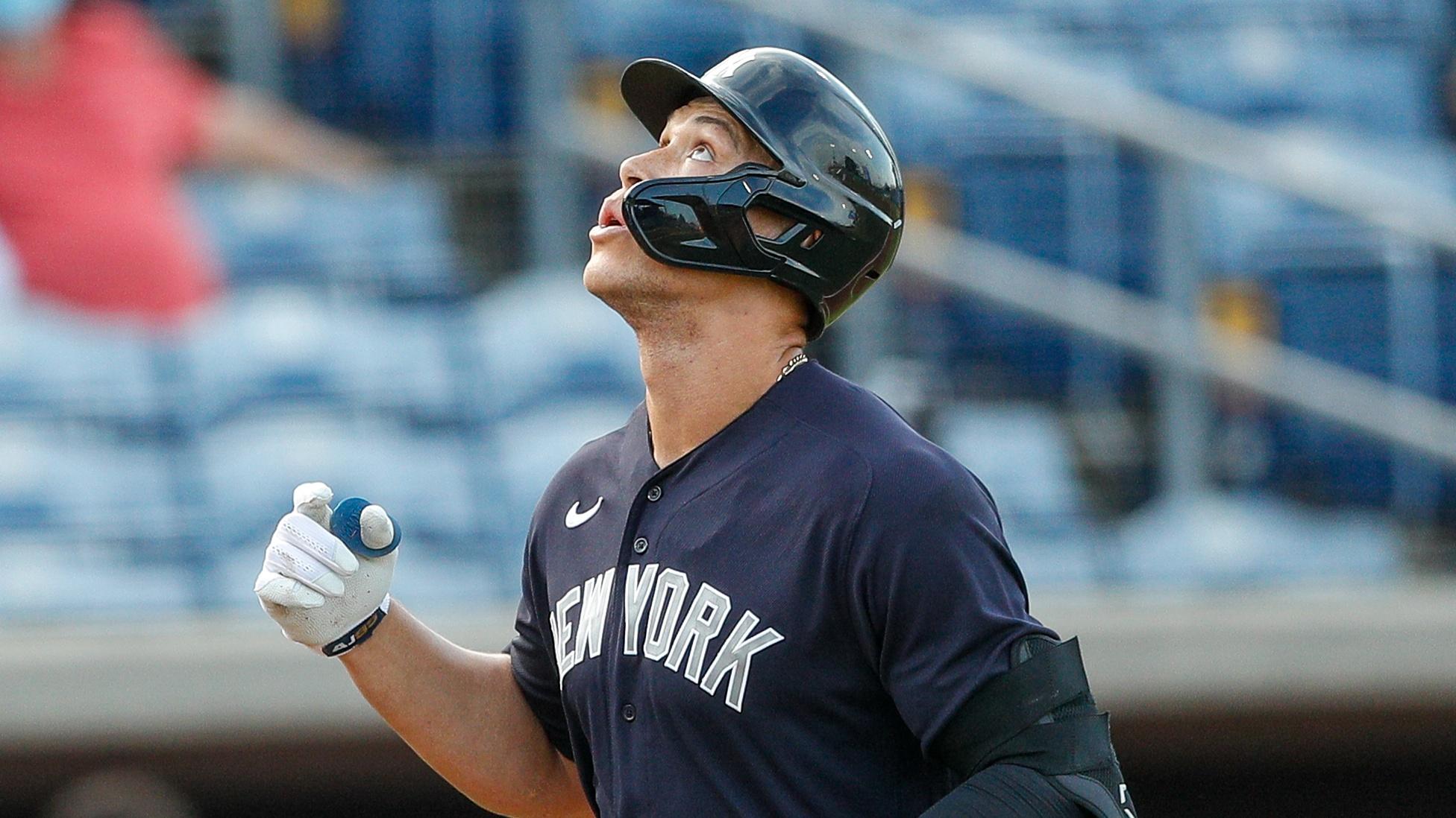 Mar 25, 2021; Clearwater, Florida, USA; New York Yankees right fielder Aaron Judge (99) celebrates after hitting a two-run home run in the first inning against the Philadelphia Phillies during spring training at BayCare Ballpark. Mandatory Credit: Nathan Ray Seebeck-USA TODAY Sports / © Nathan Ray Seebeck-USA TODAY Sports