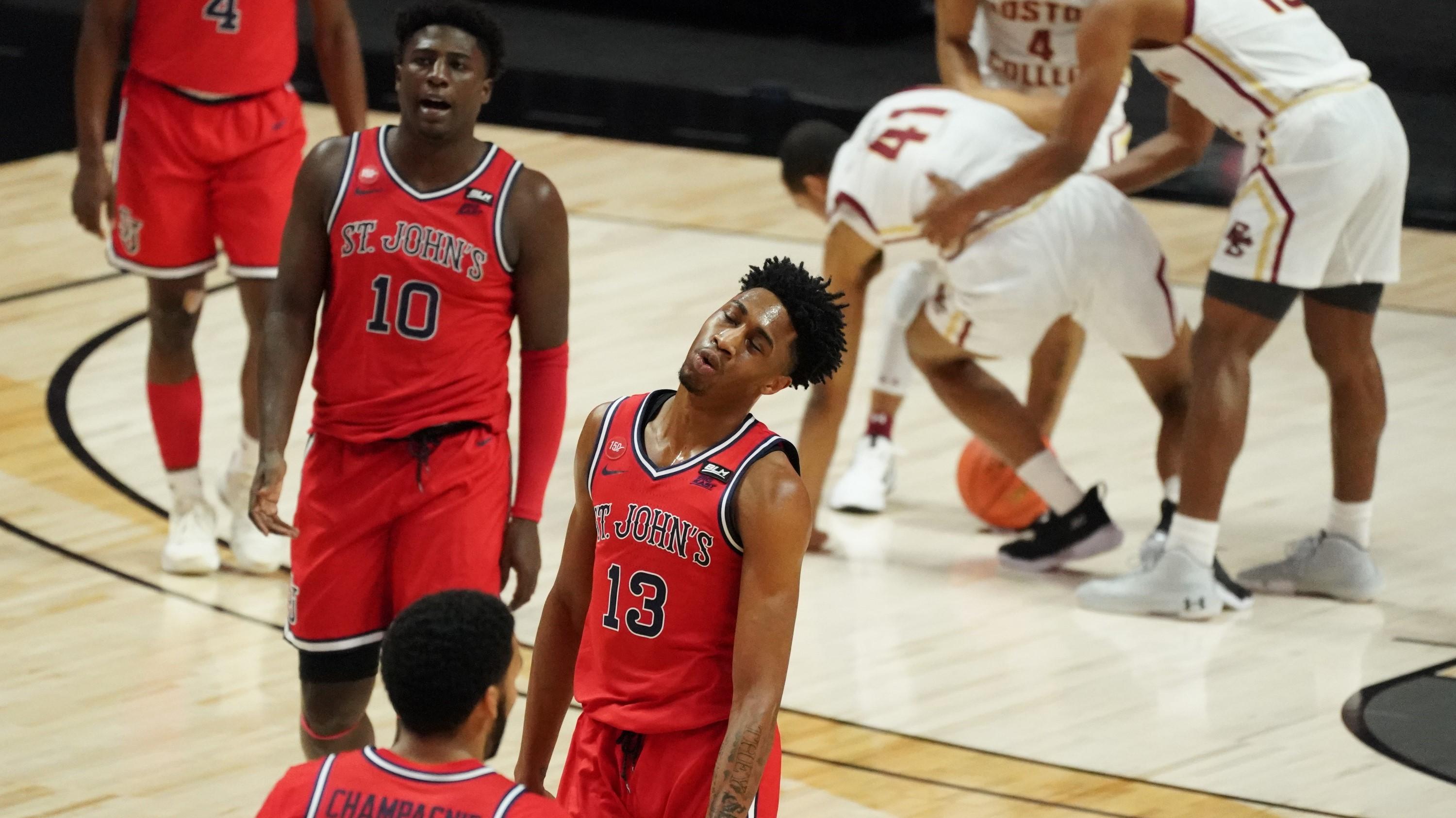 St. John's Red Storm forward Isaih Moore (13) reacts after a play against the Boston College Eagles in the first half at Mohegan Sun Arena. / David Butler II